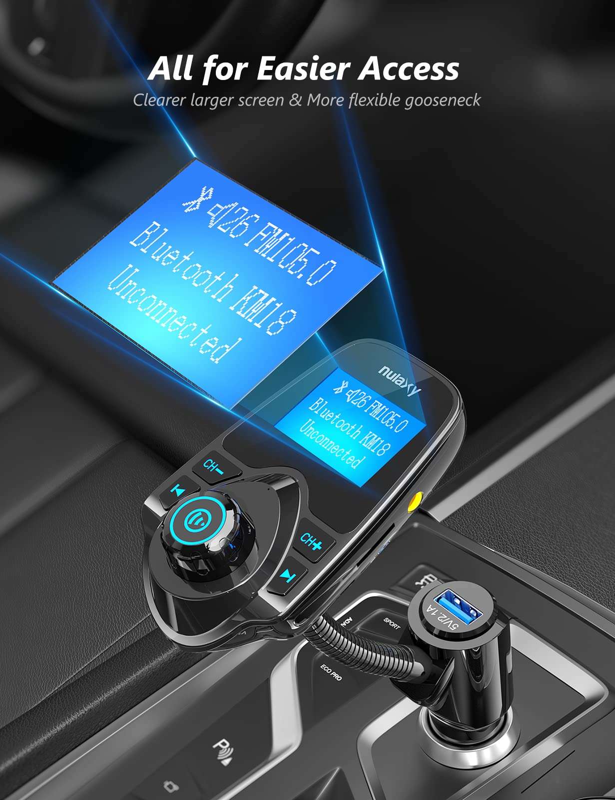 Nulaxy Car Bluetooth FM Transmitter [2024 Upgraded], 1.44" Display Flexible Gooseneck, Handsfree Call Wireless Music Stereo Audio Player Radio Adapter Car Kit USB Phone Charger, TF SD Card AUX-KM18 3