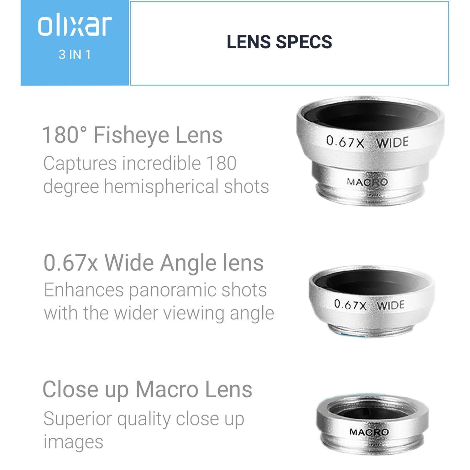 Smartphone Lens Kit - 3 in 1 Lenses - Fisheye, Wide Angle, Macro - Clip On - Photography Accessory for iPhone, Samsung, Huawei Etc - Universal Compatibility - Olixar 5
