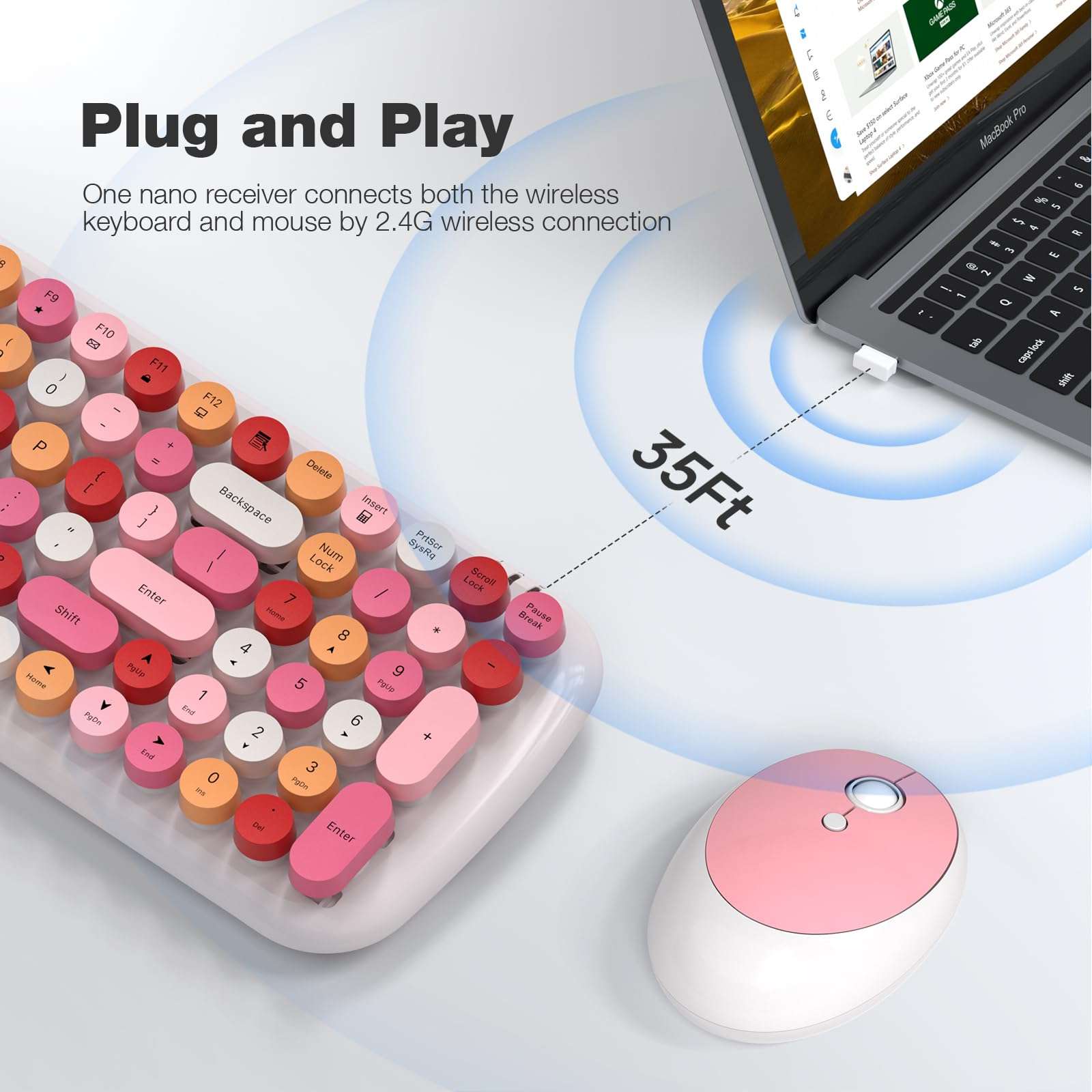 MOFII Wireless Keyboard and Mouse, Typewriter Full Size Keyboard with Number Pad and 2 in 1 USB Connected Mouse for Mac, Windows 7/8/10, Laptop, Desktop, PC, Computer (White Colorful) 2