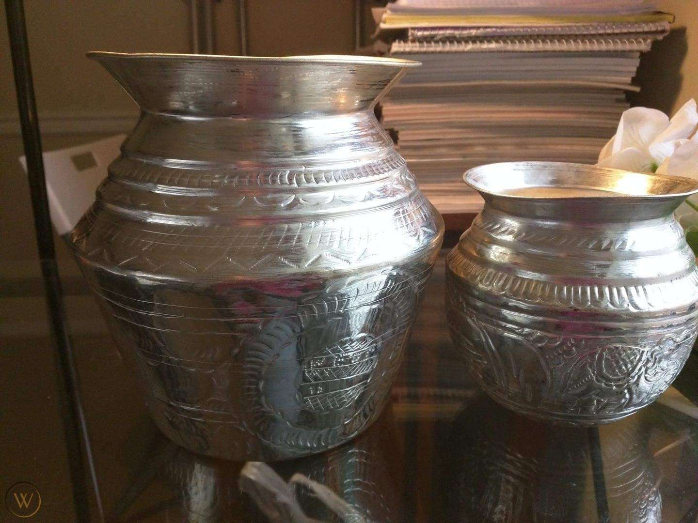 Brass Ghada Silver Design Metal Pooja Kalash Chambu Lota Brass Silver Coated Kagu (Size-14) Capacity 3.6 LTR 5