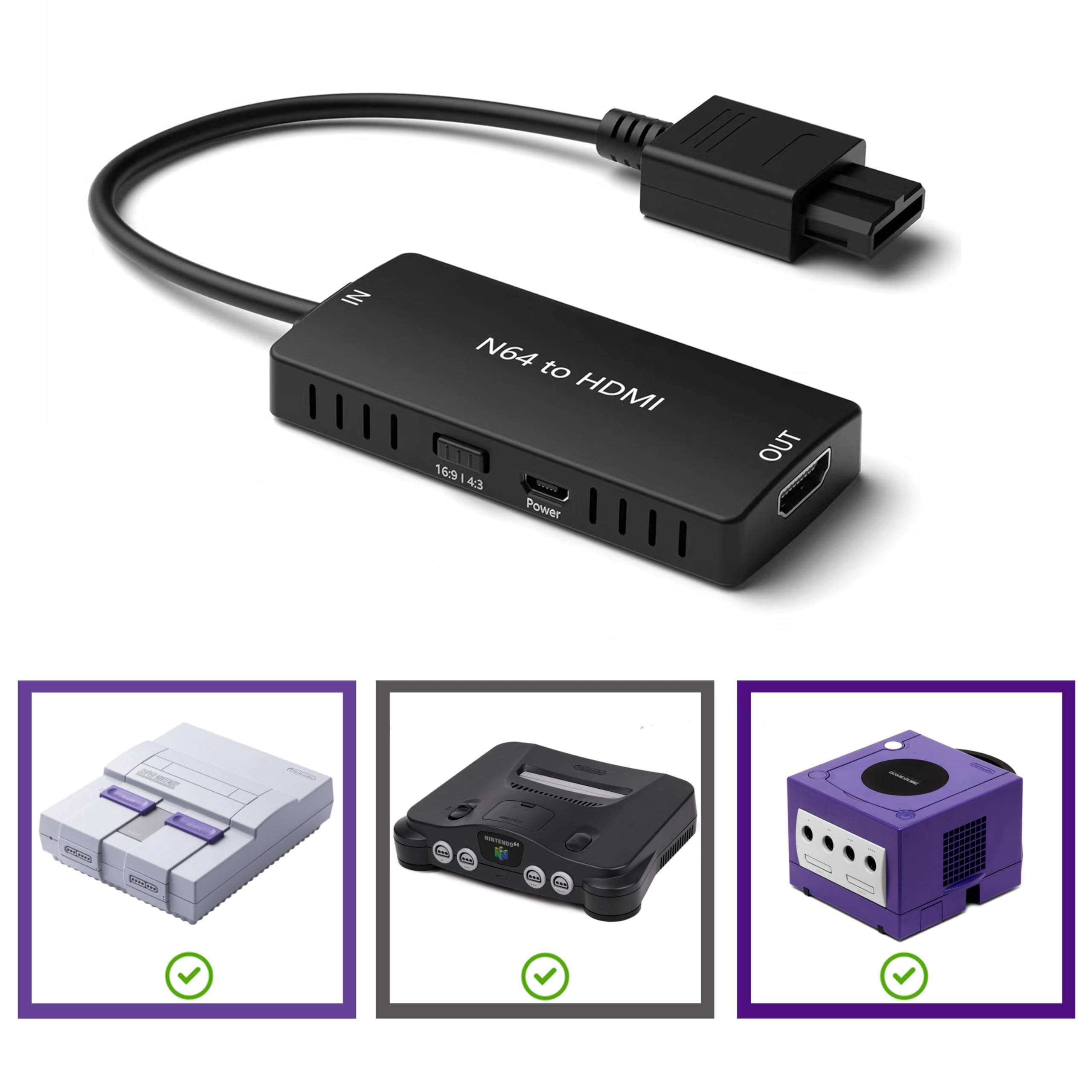 HD Link Cable for Gamecube, N64, SNES (3-in-1), HDMI Adapter with S-Video Signal Output (Better Video Quality), HD Converter with 4:3/16:9 Switch, 3IN1SNESNGCN64 No Radio Frequency Radio 5