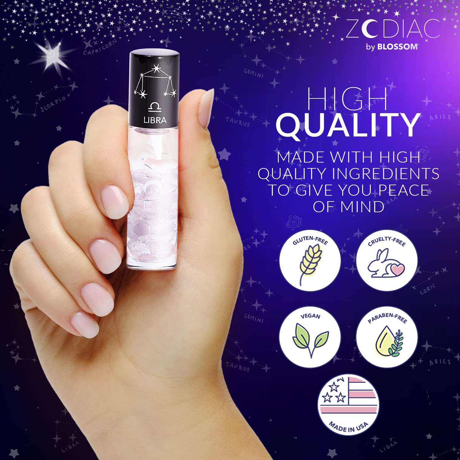 Blossom Lip Gloss Zodiac Sign Vanilla Scented Roll-On Lip Gloss, Moisturizing + Hydrating with Zodiac Crystals, Made in USA, 0.20oz, Libra 4