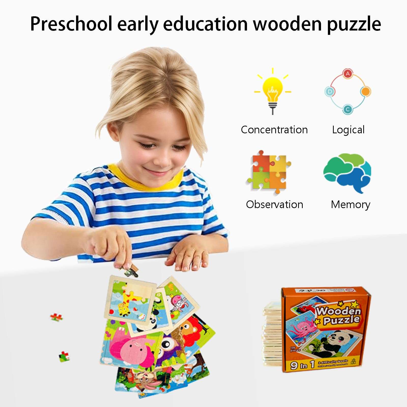 MAISHEKE Wooden Puzzles for Kids Ages 4-8, 9 Packs Total 135 Pcs Animal Theme Jigsaw Puzzles, Preschool Educational Toys Gifts with Self-Sealing Bag for Storage 5