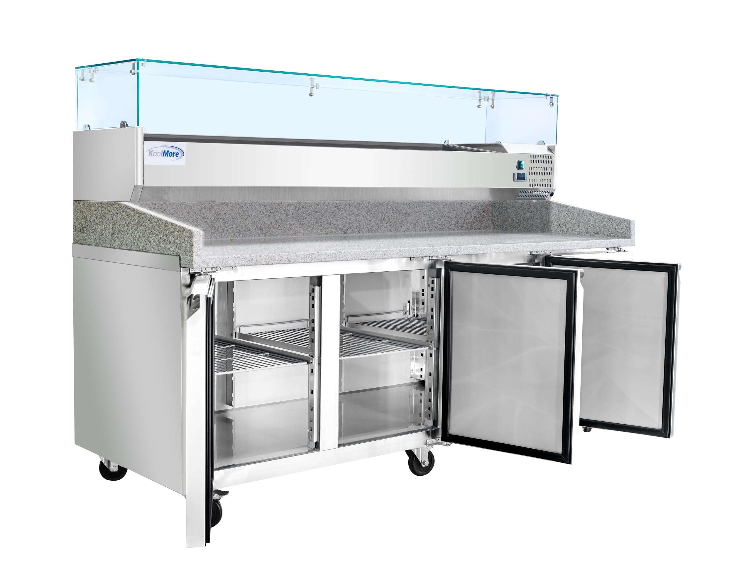 KoolMore KM-RPCPS-2D79-GRT 79 in. Three-Door Commercial Granite Top Pizza Prep Refrigerated Condiment Pan Holder in Stainless-Steel, Stainless Steel 4