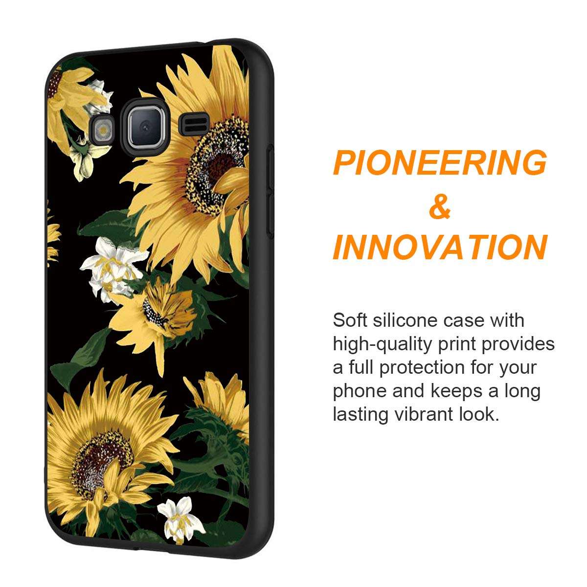 Yoedge Case for Galaxy J3 2016, Black Phone Case with Pattern 【Ultra Slim】 Shockproof Flexible Soft Gel TPU Silicone Back Cover Bumper Skin for Samsung Galaxy J3 2016 (Sunflower) 2