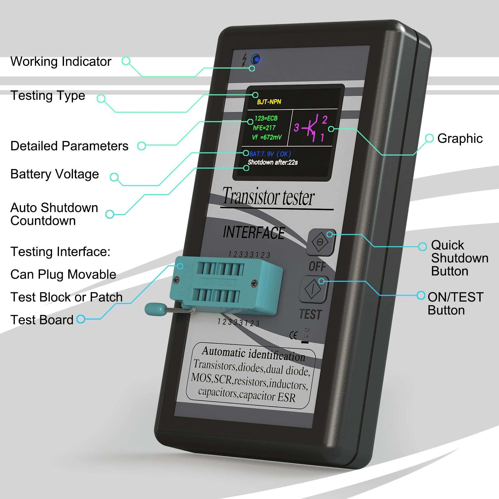DROK Transistor Tester LCR Meter, Mosfet Transistor Capacitor Tester, Mega328 NPN PNP Transistor Diode Resistor Inductor Capacitance MOS SCR ESR Meter Automatic Checker Detector 4