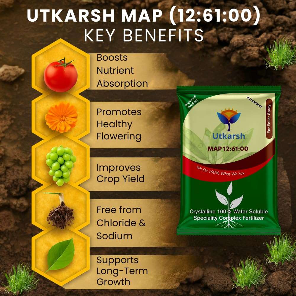 Utkarsh MAP 12 61 00 - Mono Ammonium Phosphate, NPK Fertilizers for Plants Growth & Home Garden | 100% Water Soluble Powder, Foliar Spray Nutrition (900 gm; Pack of 1) 6