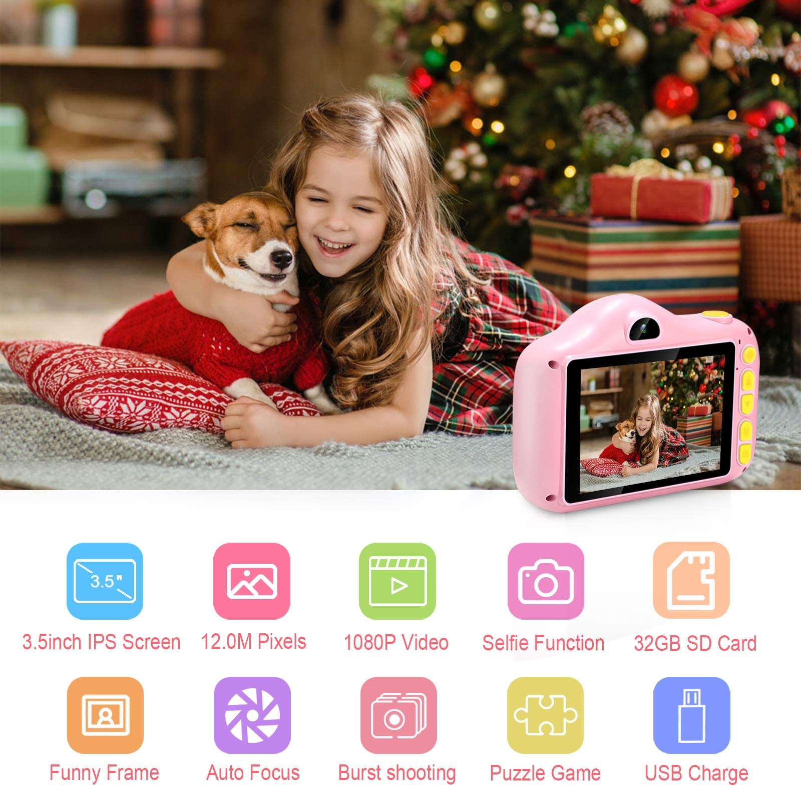 voltenick Upgrade Kids Selfie Camera Birthday for Girls Toys 3.5Inch 1080P HD Children Digital Camera for Age 3 4 5 6 7 8 9 10 Year Old Girls Toddler Video Camera with 32GB SD Card 2