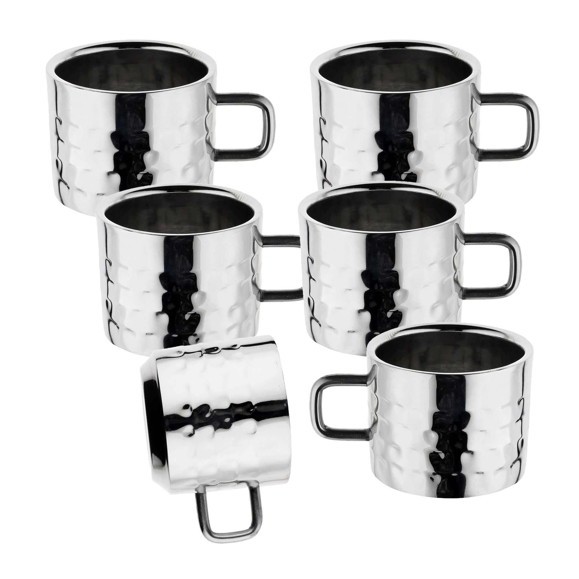 Stainless Steel Double Wall Hammered Tea Cup Set, Set of 6, Box Packing.