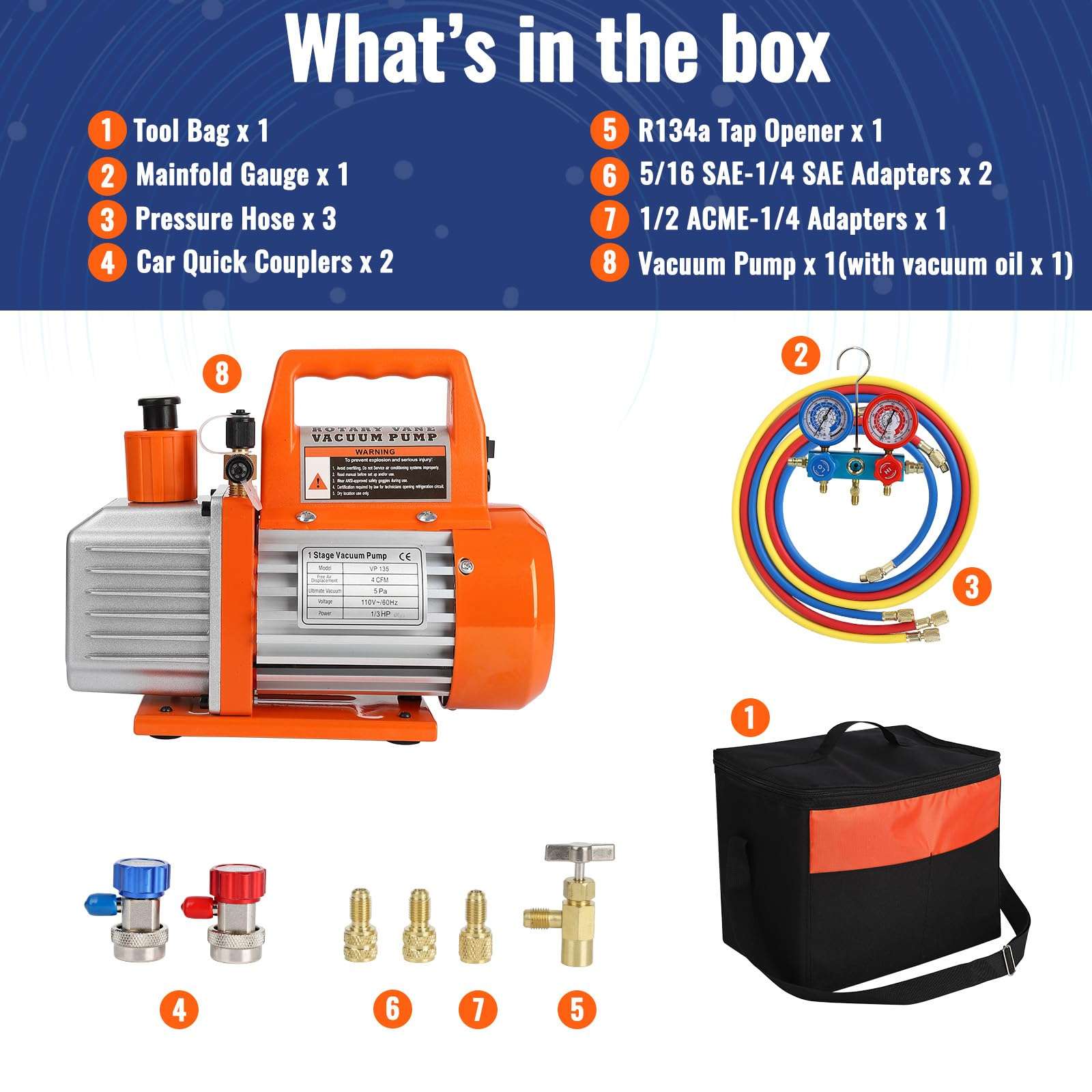 GARVEE 110V 1/3 HP 4CFM Single Stage Rotary Vane Air Vacuum Pump and R134a AC Manifold Gauge Set Kit with Carry Bag for HVAC Air Conditioning Refrigeration Recharging ETL Listed 4