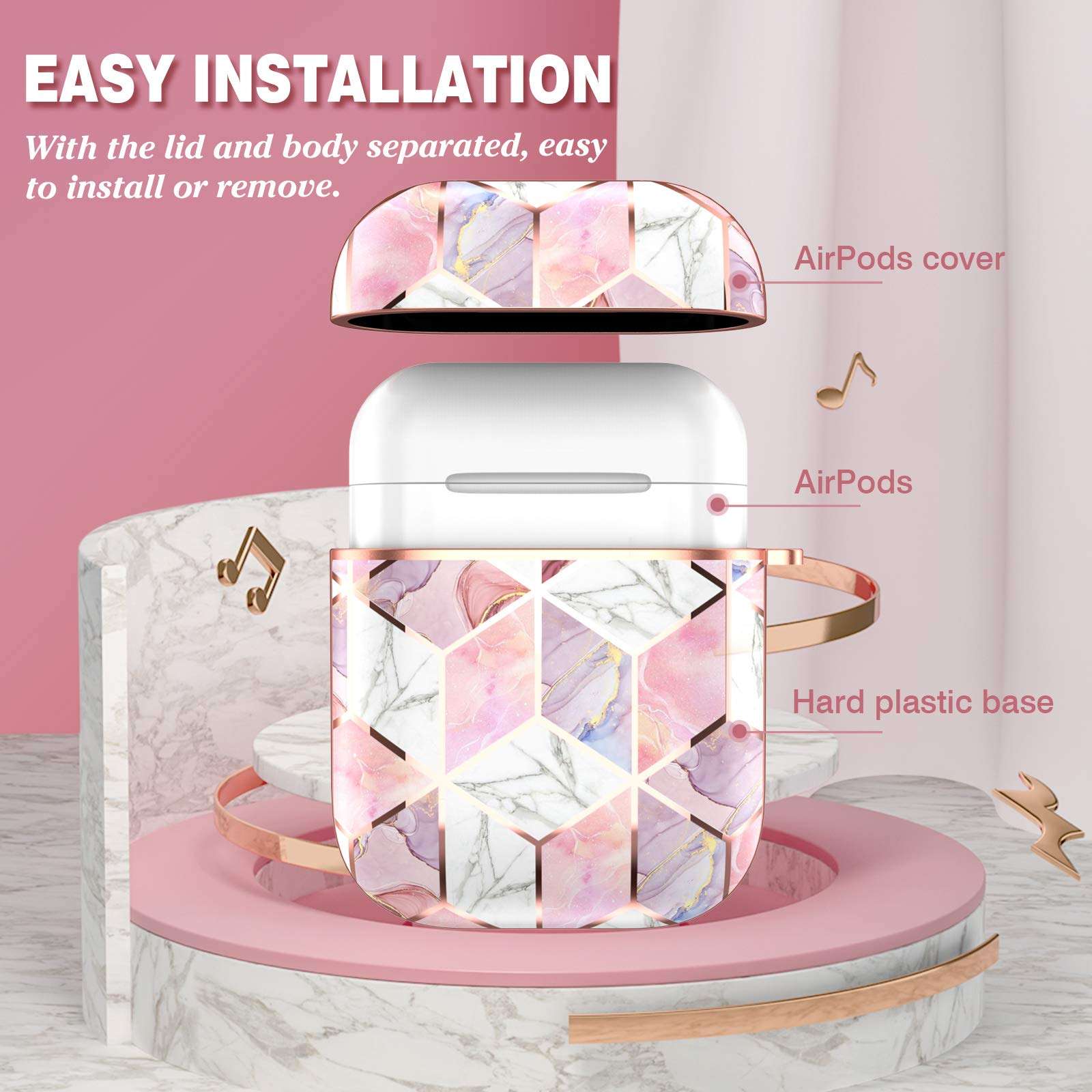 Hasaky Case for AirPods Case Cover, Girls/Woman/Men/Boys Portable (with Keychain) Cute Rose Gold Marble Series Hard Shockproof Anti-Scratch Protective Case for Apple AirPods 1st/2nd -Pink Marble. 5
