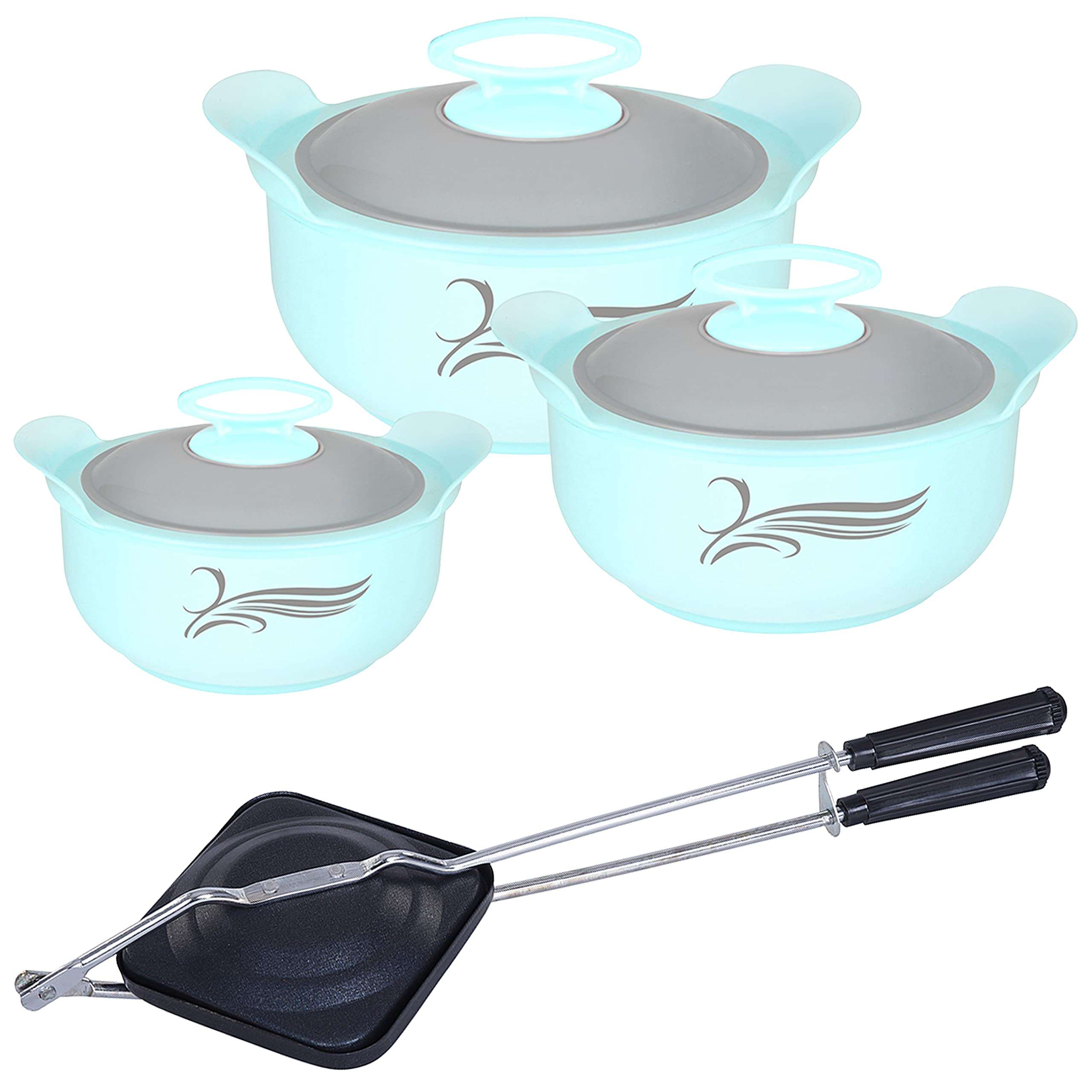 NIRLON Delight Inner Steel Casserole (800ml, 1200ml, 2000ml) Blue With Non Stick Aluminium Hand Toster Combo Set 1