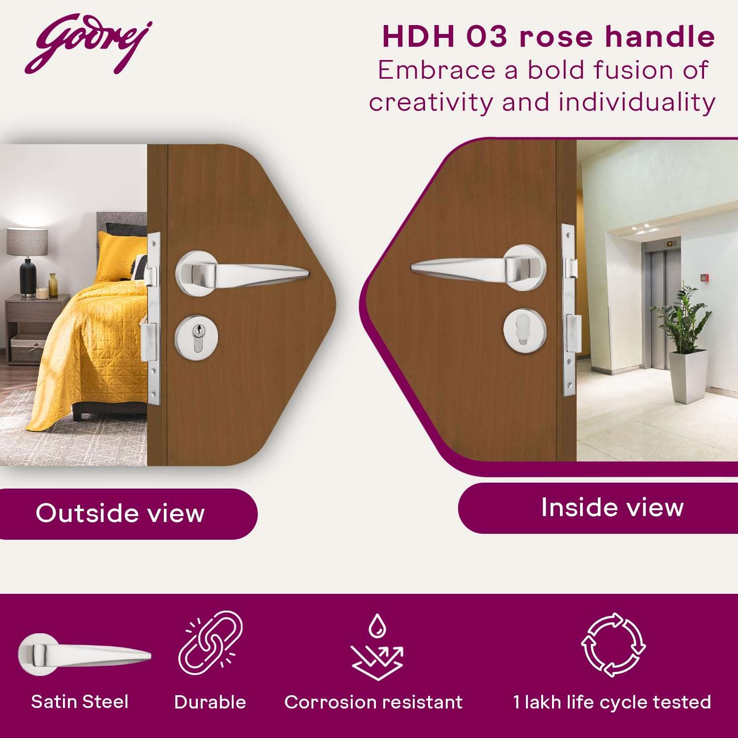 Godrej Mortise Lock|Handle Lock Set for Main & Bedroom Door|HDH 03 Rossette Home Décor Handle|Satin Steel Walnut Finish|9 Inch Lockbody|70mm 1CK Cylinder - Knob from Inside & 3 Keys | 5 Y Warranty 4