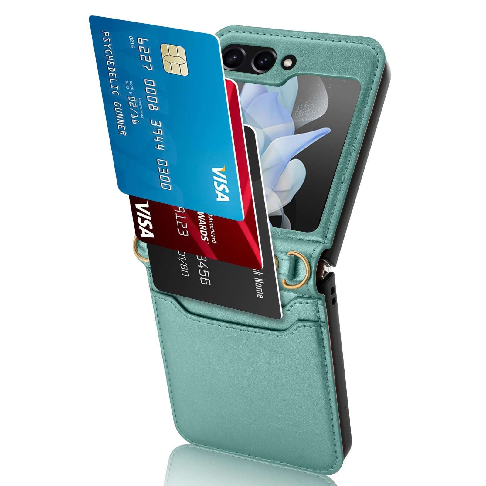 KANGHAR for Samsung Galaxy Z Flip 5 Case with Card Holder Lanyard Z Flip 5 Leather Wallet Case Adjustable Crossbody Strap Protective Phone Case for Galaxy Z Flip 5 - Green 2