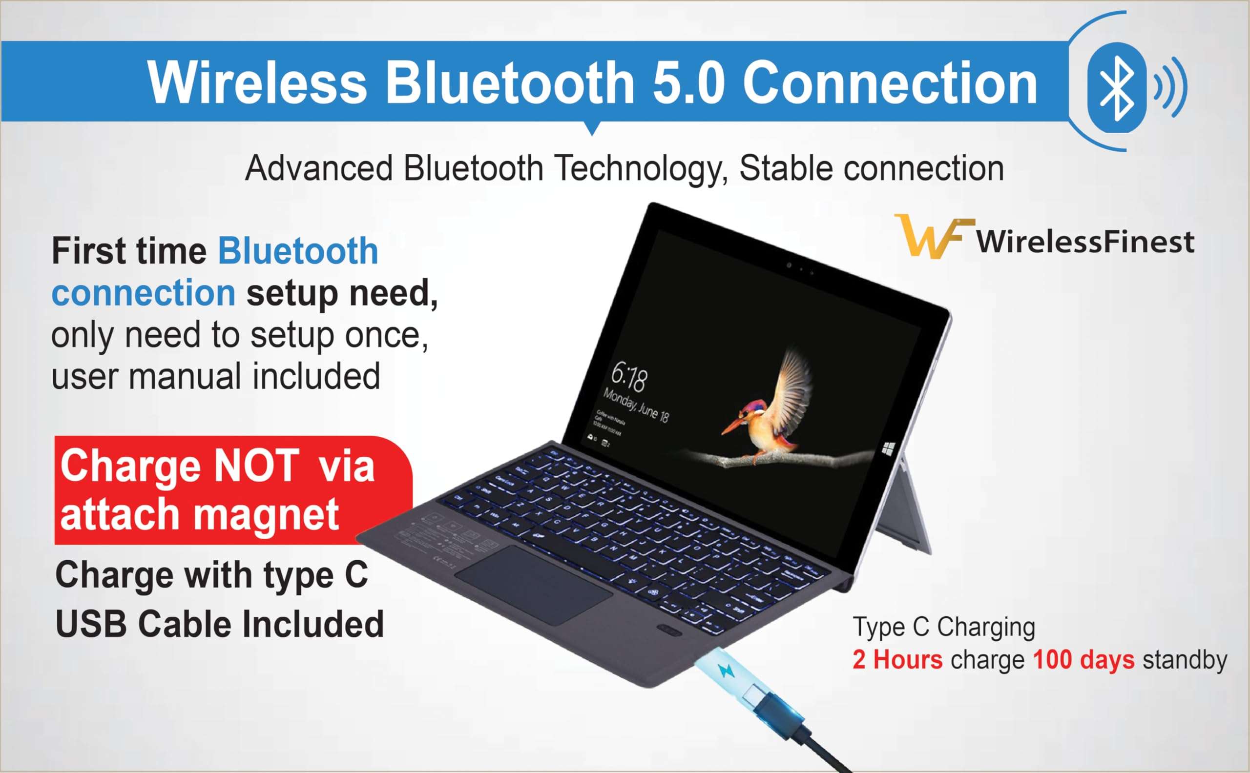 Keyboard Replacement Type Cover Trackpad Mouse for Microsoft Surface Pro 7+ 7 Pro 6 Pro 5 Pro 4 Pro 3 Ergonomic Portable Slim Wireless Bluetooth Rechargeable 3