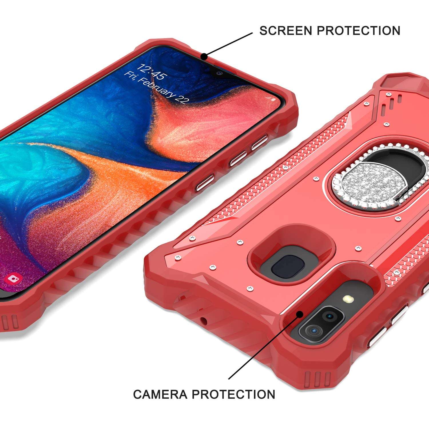 EnCASEs 2 in 1 Cell Phone Case with Bling CZ Rhinestone Kickstand for Samsung Galaxy A20 / A30 / A50, Aluminum Evolve Metal Jacket Hybrid Case, Shockproof Bumper Case, Red 5