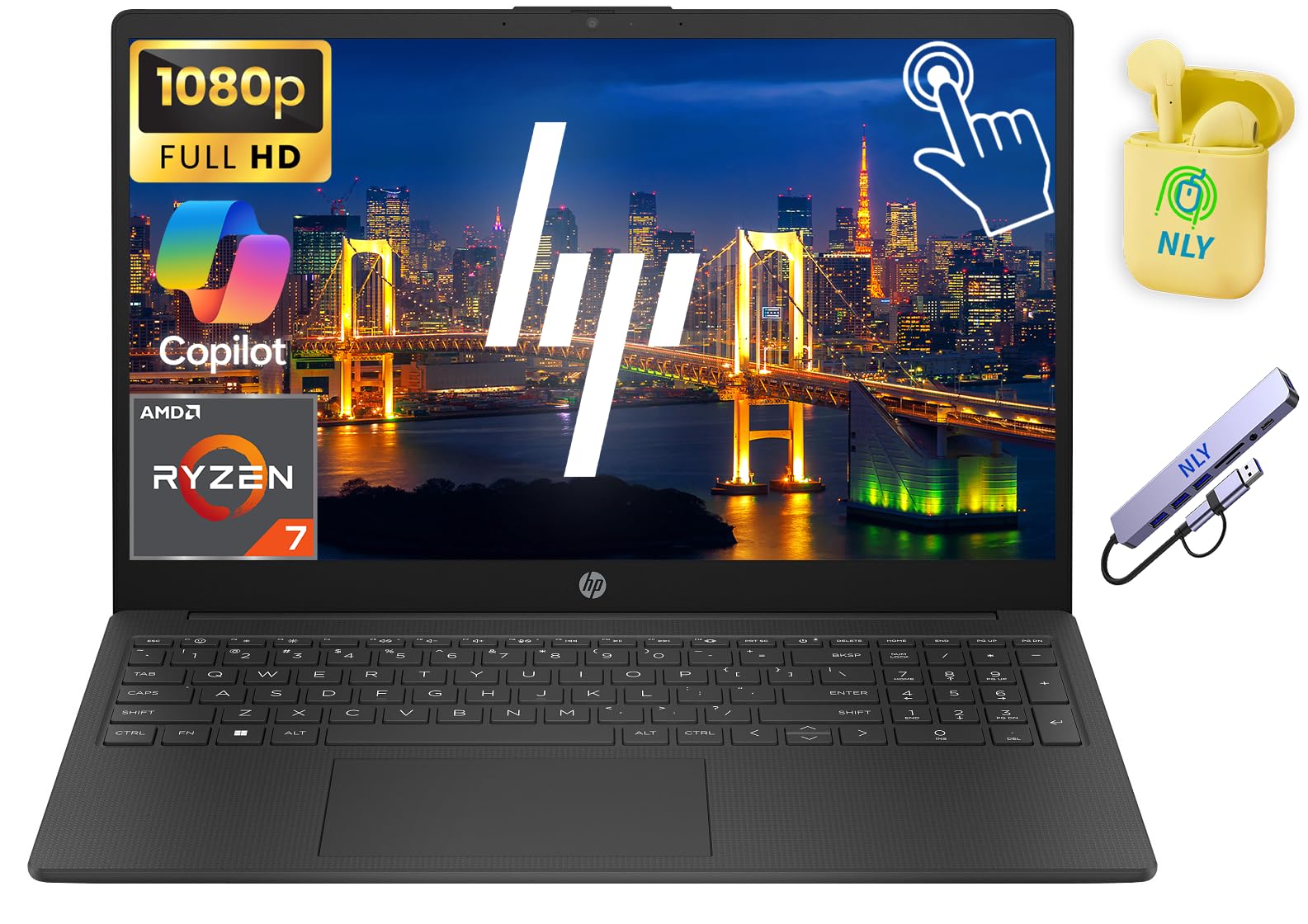 HP Touchscreen 15.6" FHD Business Laptop Computer, 8-core AMD Ryzen 7 Processor, Windows 11 Laptop, AI Copilot Ready, NLY Earphones, Black (32GB RAM | 1.5TB Storage)