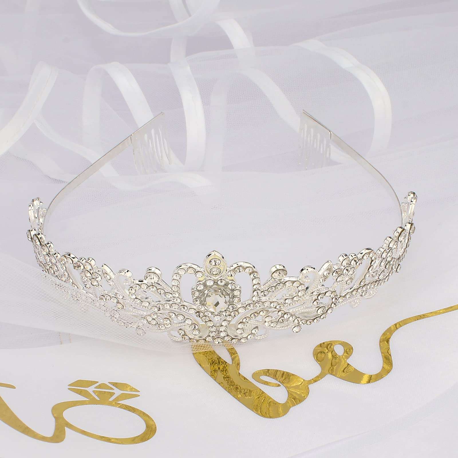 CIEHER 3 Pack Bachelorette Party Decorations - Crystal Crown, Bride To Be Sash & Wedding Veil for Bachelorette Party Favors Bridal Shower Gifts for Bride 4