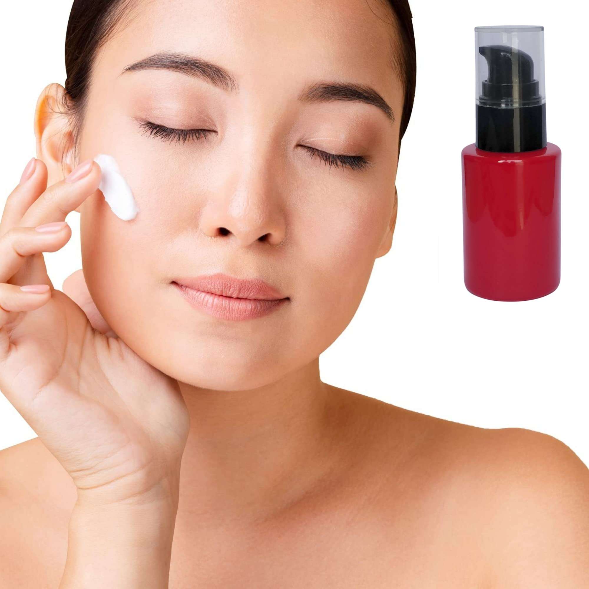 Devinez Multipurpose Premium Flat Shoulder Red Color Round Glass Bottle, 30 ml with Lotion Pump with Cap (Pack of 4), for Serum, Essential Oils, Blends, Skin Care, Travel, Toners, Cosmetic & DIY 4