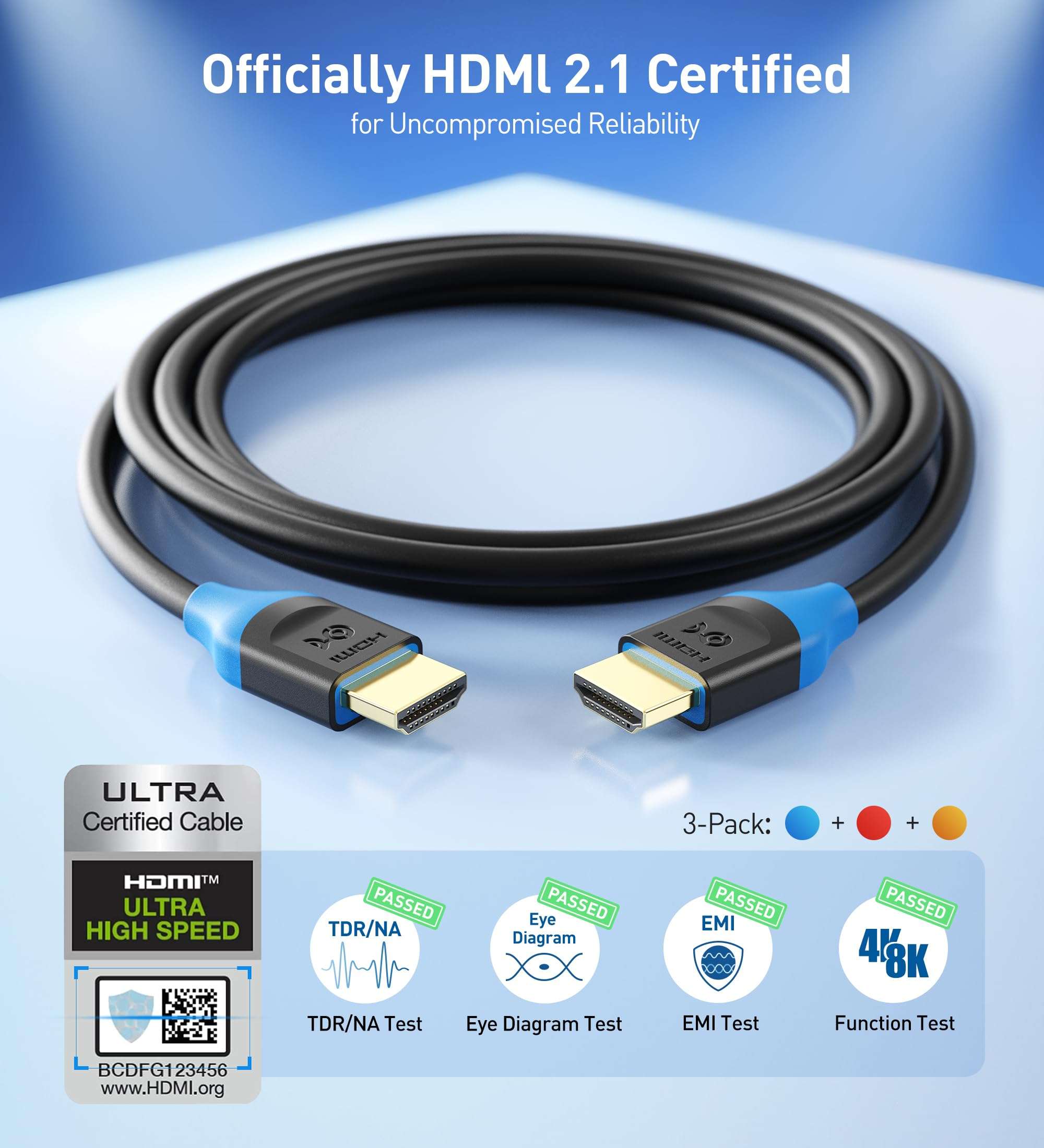 Cable Matters [Ultra High Speed HDMI Certified] 3-Pack 48Gbps 8K HDMI Cable 9.8 ft / 3m with 8K@60Hz, 4K@240Hz and HDR Support for PS5, Xbox Series X/S, RTX3080/3090, RX 6800/6900, Apple TV, and More 2