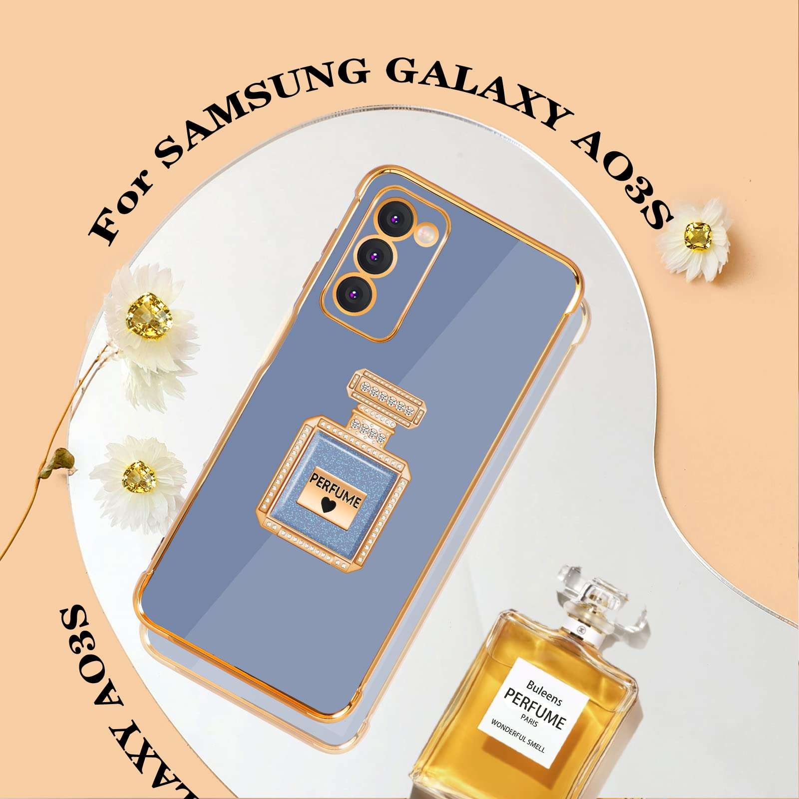 Buleens for Samsung Galaxy A03s Case with Metal Perfume Bottle Mirror Stand, Cute Women Girly Heart Cases for Galaxy A03s,Elegant Luxury Phone Cover for Samsung A03s 6.5'' Dark Blue 3