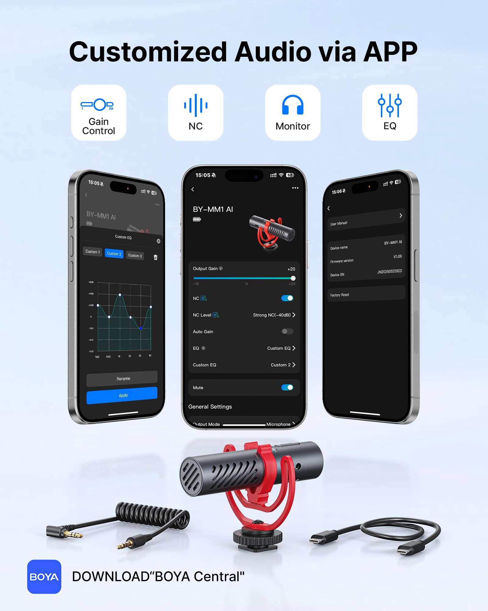 BOYA BY-MM1 AI On-Camera Shotgun Mic with AI Noise Cancellation, APP Control with EQ Presets & Gain, Supercardioid Pickup, 30Hrs Battery, Dual 3.5mm/USB-C, Microphone for Camera, DSLR, iPhone, Android 5