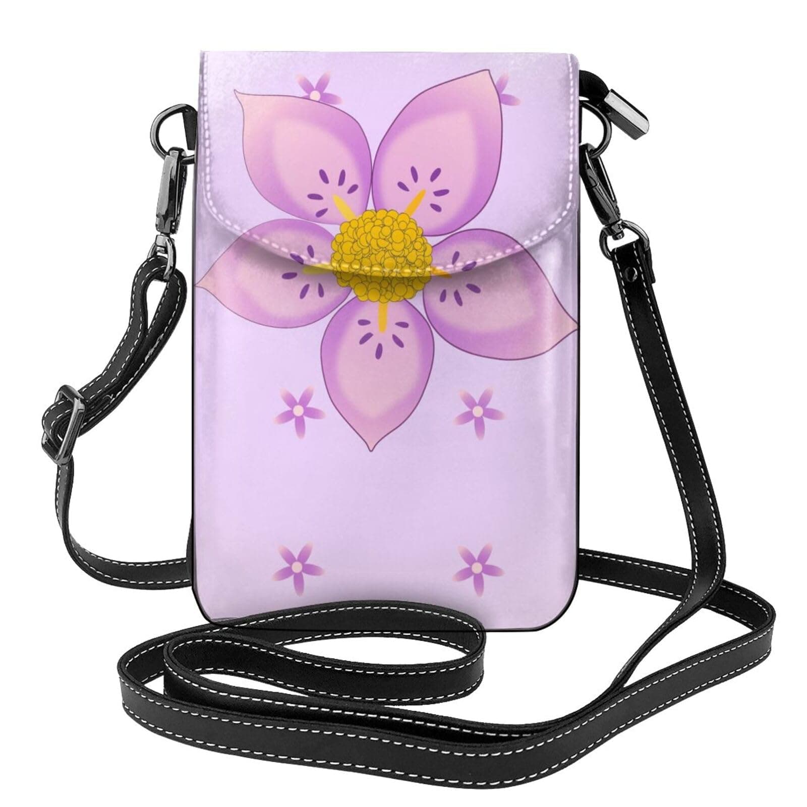 women Small Cell Phone Purse Five-petaled purple flowers picture Soft, durable and waterproof PU leather Convenient for daily use and travel 1