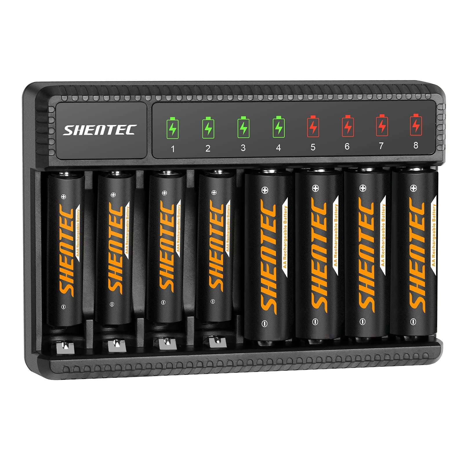 Shentec 4 Packs 2500mAh Rechargeable AA Batteries and 4 Packs 1000mAh Rechargeable AAA Batteries with Smart 8 BayAAA AA Battery Charger (USB Fast Charging, Independent Slot)