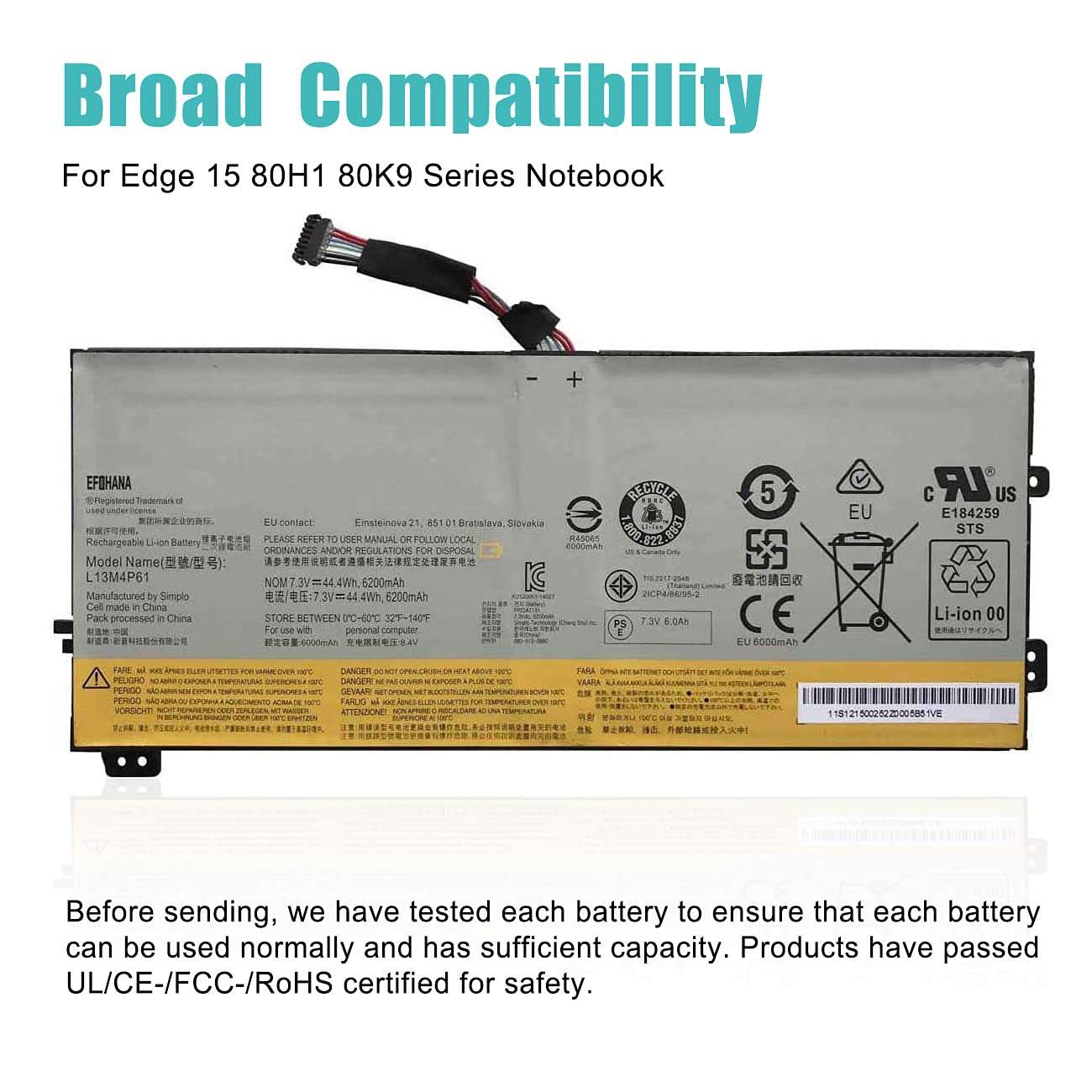 EFOHANA L13M4P61 Laptop Battery Replacement for Edge 15 80H1 80K9 Series Notebook 121500252 L13L4P61 121500253 7.3V 44.4Wh 6200mAh 4-Cells 4