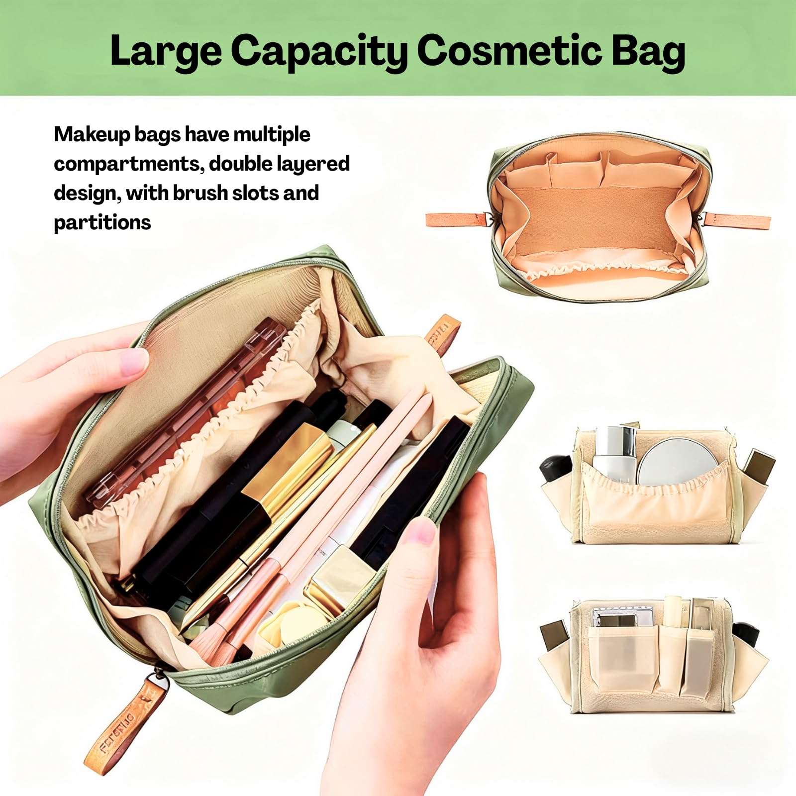 TecoKart® 2 Pack Small Makeup Pouch Set – Waterproof Travel Cosmetic Organizer, Mini Make Up Case for Women, Portable Korean Style Beauty Bag (Army Green & Black) - 16 cm x 6 cm x 9.5 cm 5