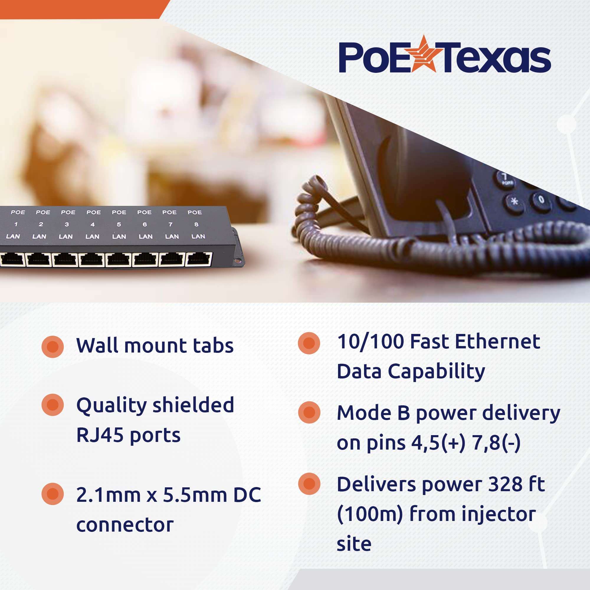 PoE Texas 8 Port Injector - 10/100 Passive Power Over Ethernet With 48V 60W UL Power Supply - 802.3af for VoIP Phones, WiFi Access Points, IP Cameras - Add to A Non-PoE Switch 3