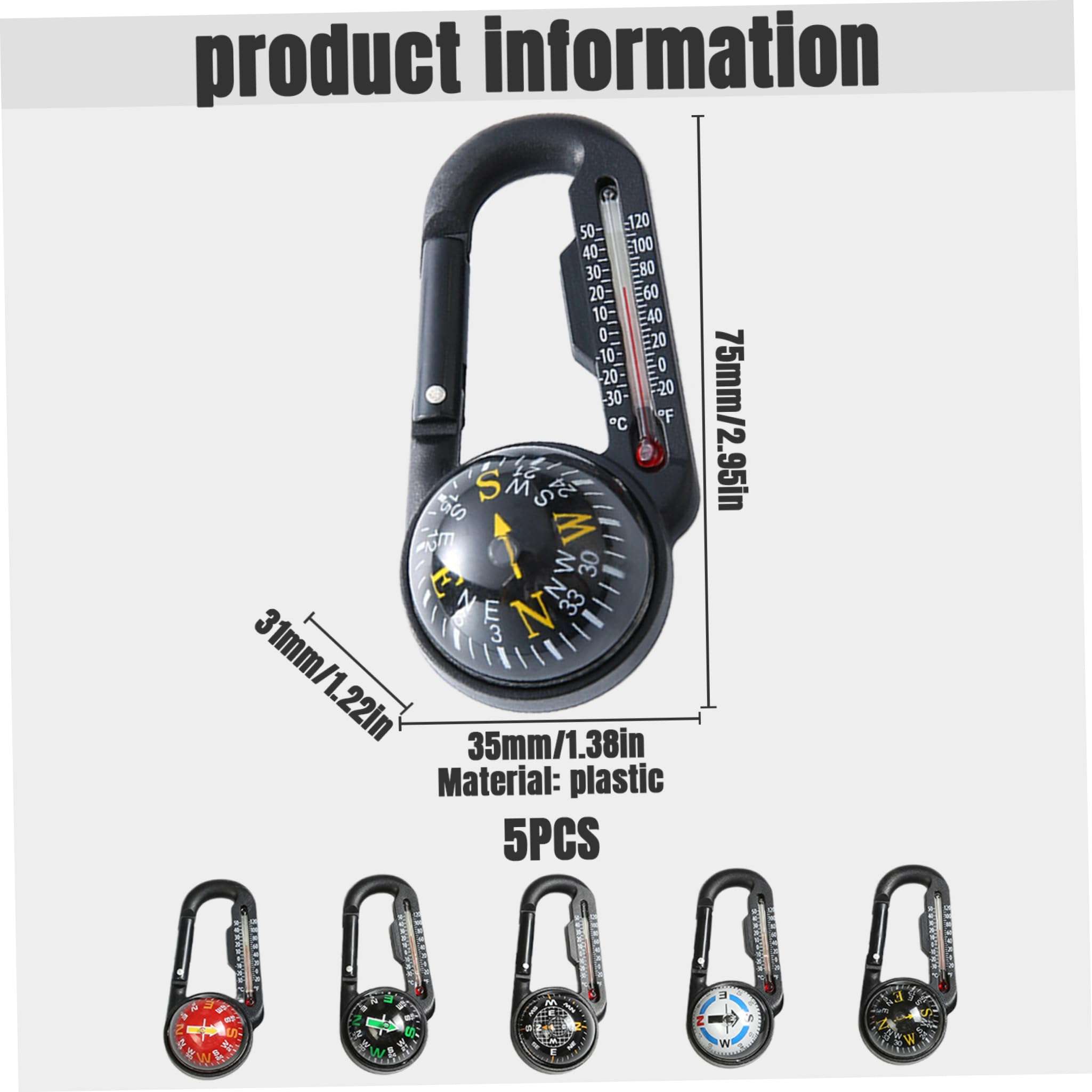 Compass Hiking Survival, 5pcs Waterproof Plastic Hiking Compass with Carabiner & Thermometer Clip, Pocket Compass Keychain for Outdoor Survival Camping 5