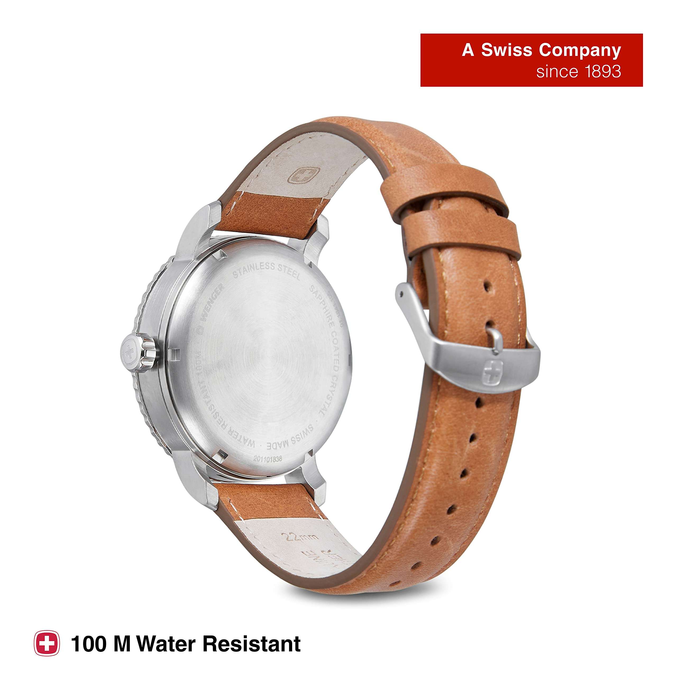 WENGER Swiss Made (Roadster Black Dial Analog Quartz Men’s Watch Brown Leather Strap- Stylish and Original) Model Number 011841105 3