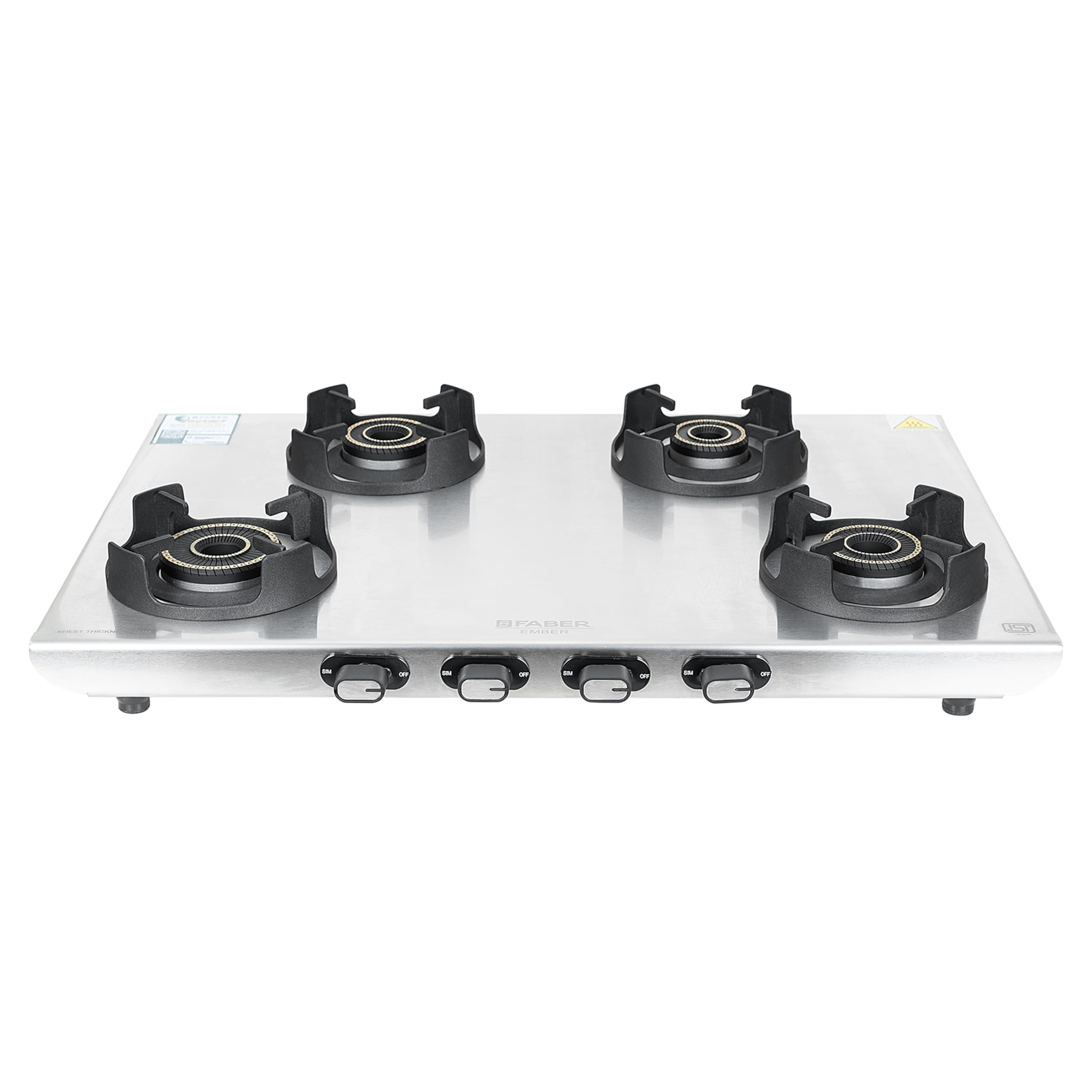 Faber Ember Stainless Steel Cooktop | 4 Brass Burners (Jumbo, 2Medium & Small |Manual Ignition | Diamond-Coated Pan Support |Cooktop Ember 4BB SS CI (4 Burner) 1