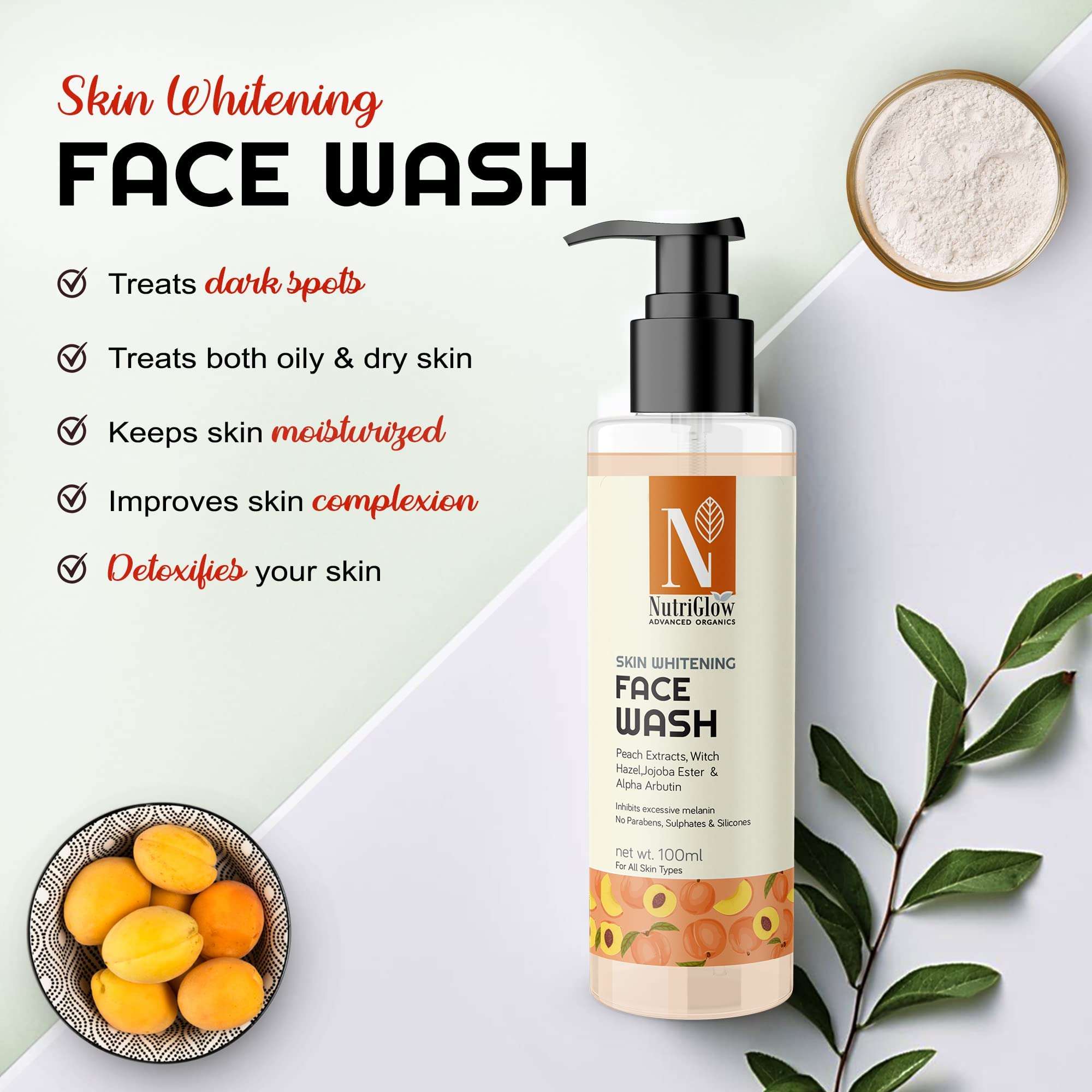 NutriGlow Advanced Organics Advanced Organics Skin Whitening Face Wash With Peach Extracts/All Skin Types, 100 ml 2