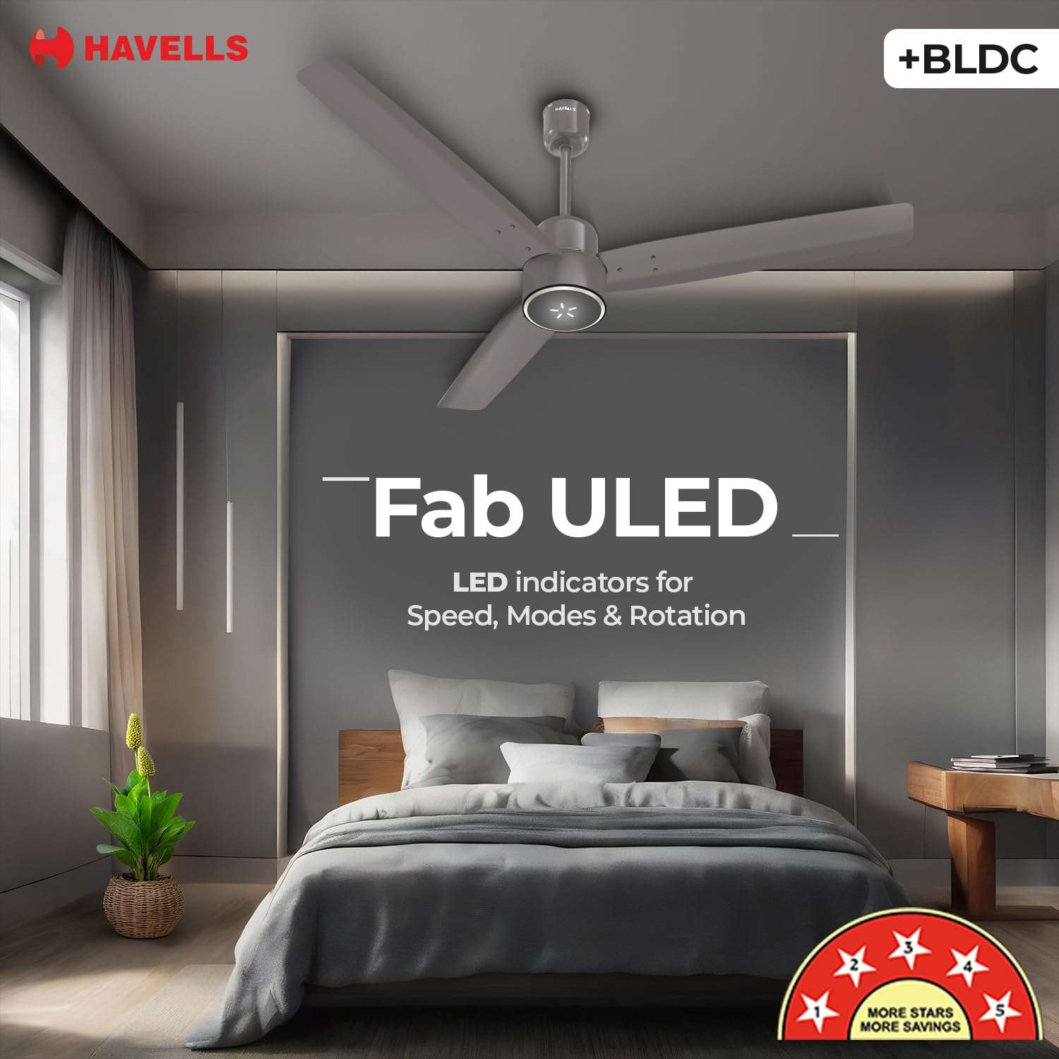 Havells FAB BLDC ULED Ceiling Fan 1200mm, 5 star, LED Speed Indicator, 380 RPM, Up to 65% Savings,Reverse Rotation,4 Speed Modes,Low Wattage 30W, Low Noise,Air Flow:225 CMM, 3 Year Warranty,Stone Grey 3