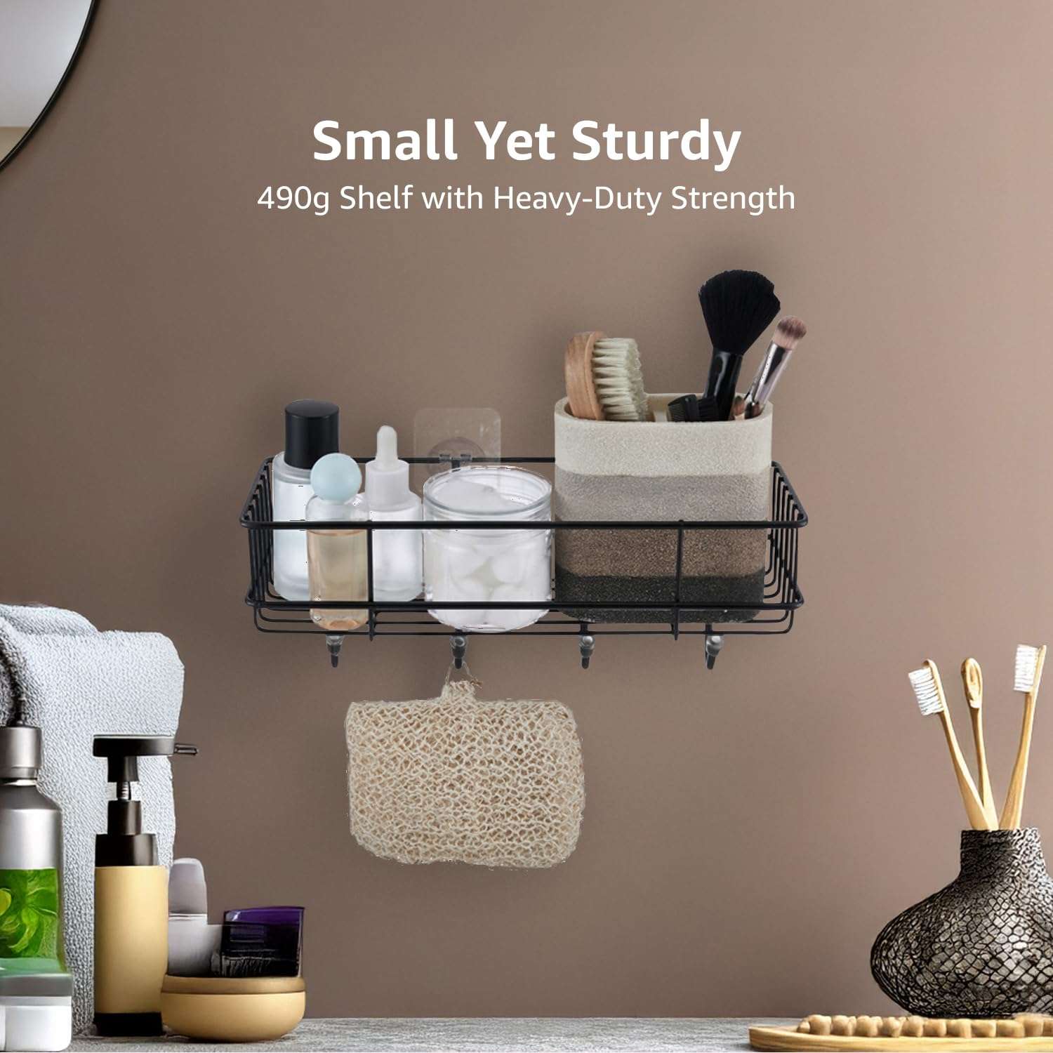 Amazon Basics Self-Adhesive Wall Shelf – No-Drill Multipurpose Bathroom/Kitchen Organizer with Hooks and Towel Holder, Rust Proof GI Steel Organizer | Black, 28.2 x 9.8 x 11.5 cm, Pack of 2 5