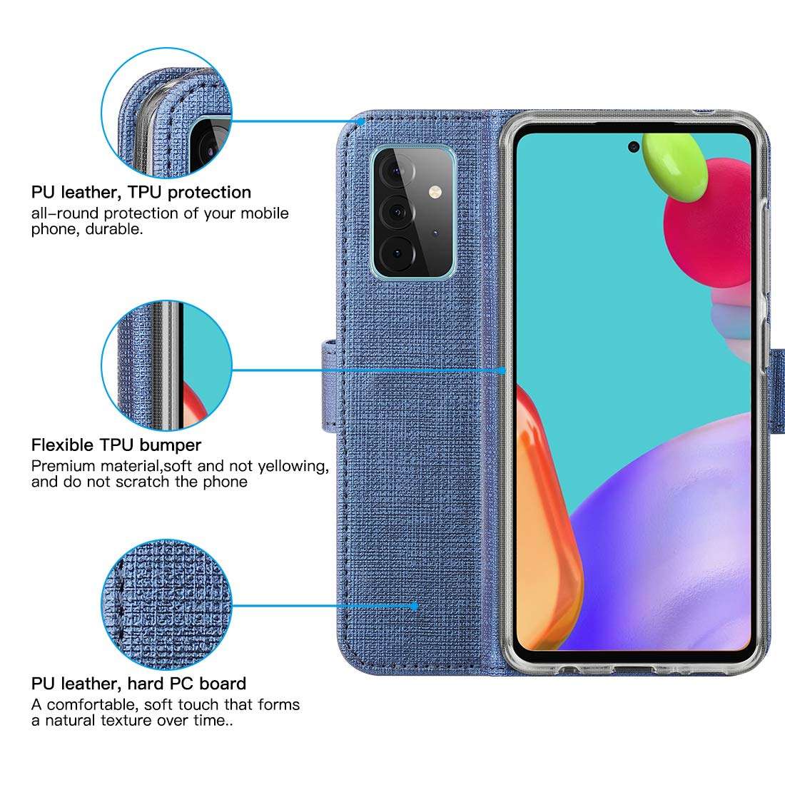 Feitenn Slim Flip Wallet Case for Samsung Galaxy A52 5G Phone Case, Leather Folio Cover Stand Card Slots Holder Magnetic Closure Bumper Shockproof Defender Shell for Samsung Galaxy A52 5G 2021 - Blue 5