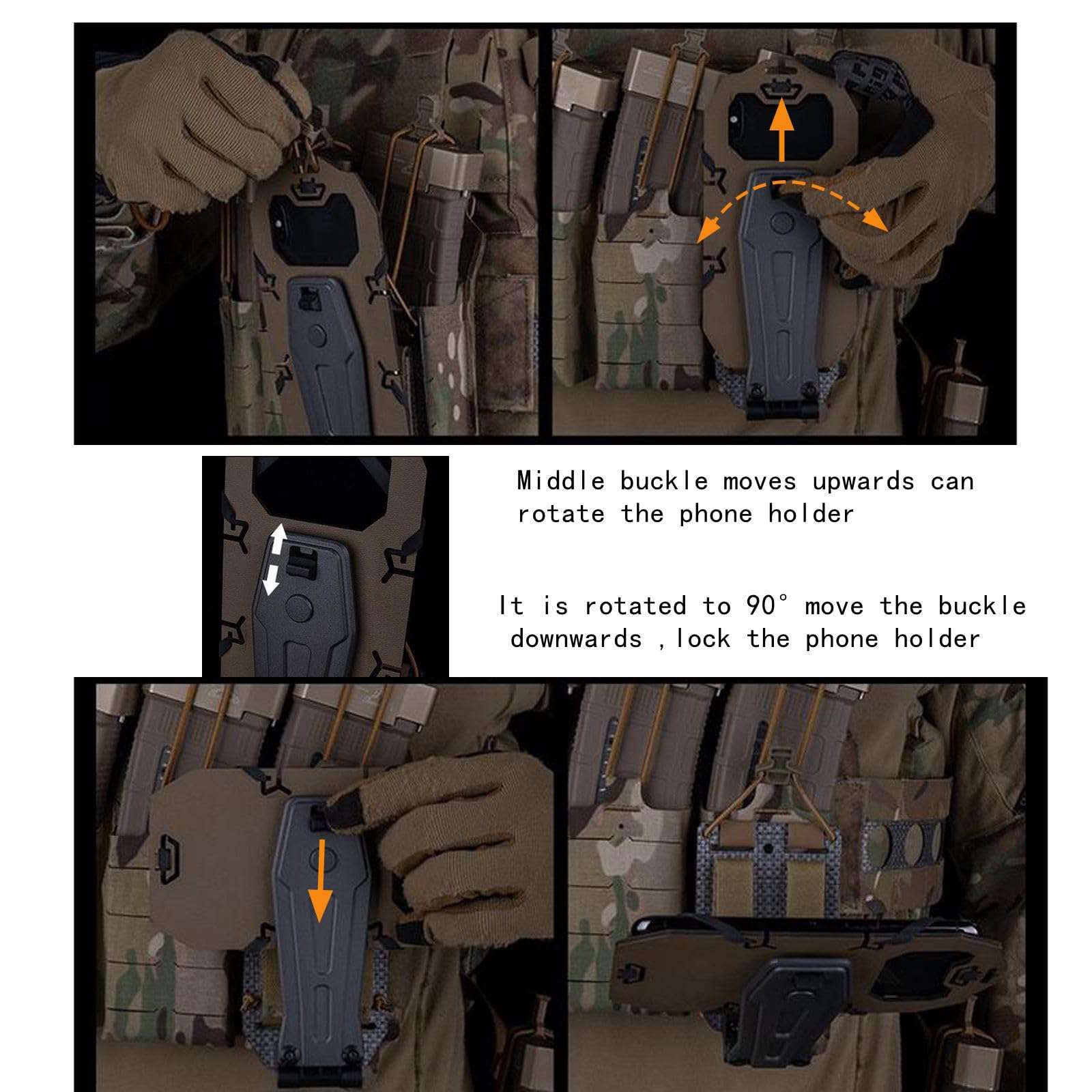 JFFCESTORE Tactical Vest Universal Phone Holder Retention Rotatable Phone Carrier Mount for Screen Size 4.7"-6.7" (Tan) 6