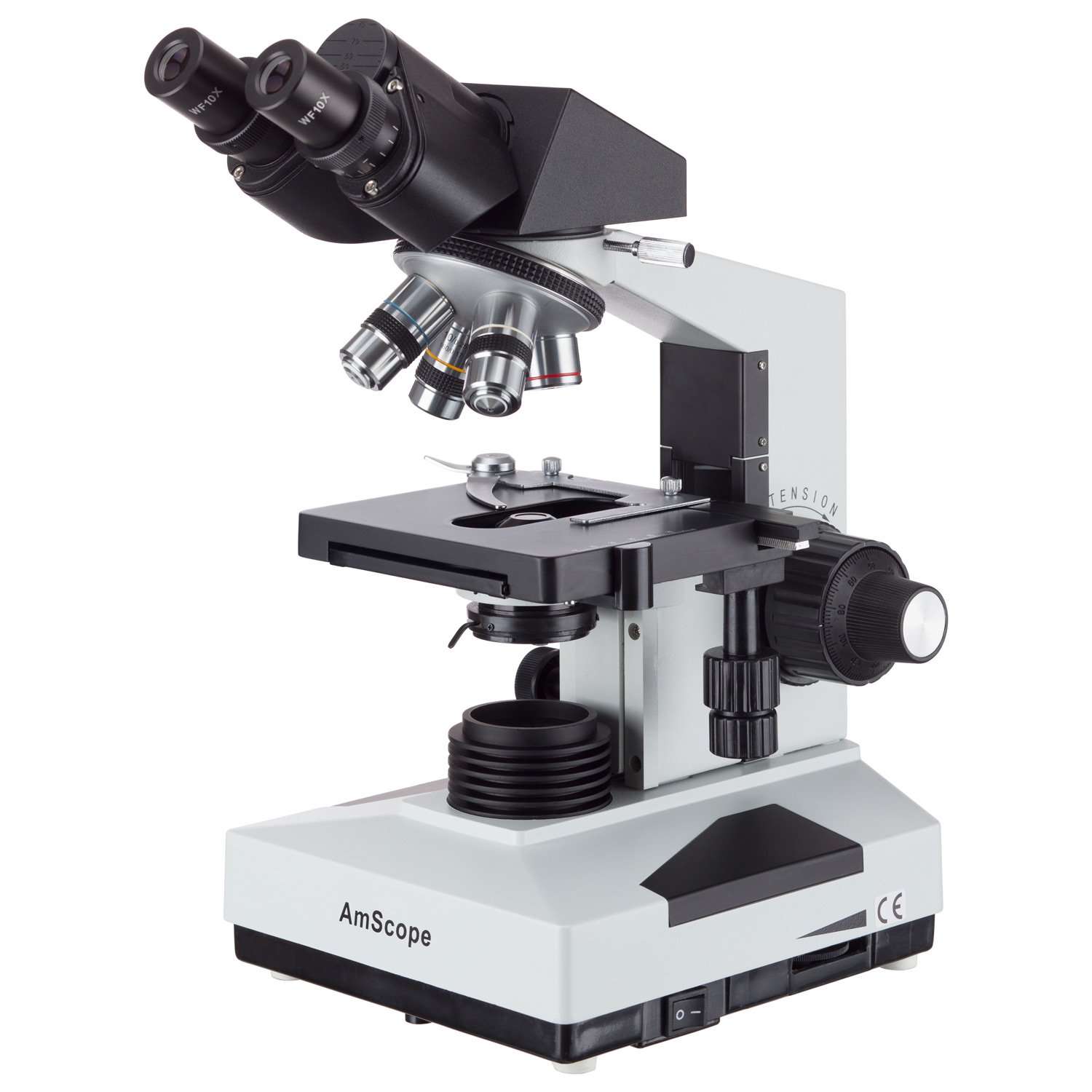 AmScope B490B Compound Binocular Microscope, WF10x and WF20x Eyepieces, 40X-2000X Magnification, Brightfield, Halogen Illumination, Abbe Condenser, Double-Layer Mechanical Stage, Sliding Head, High-Resolution Optics, Anti-Mold , White 1