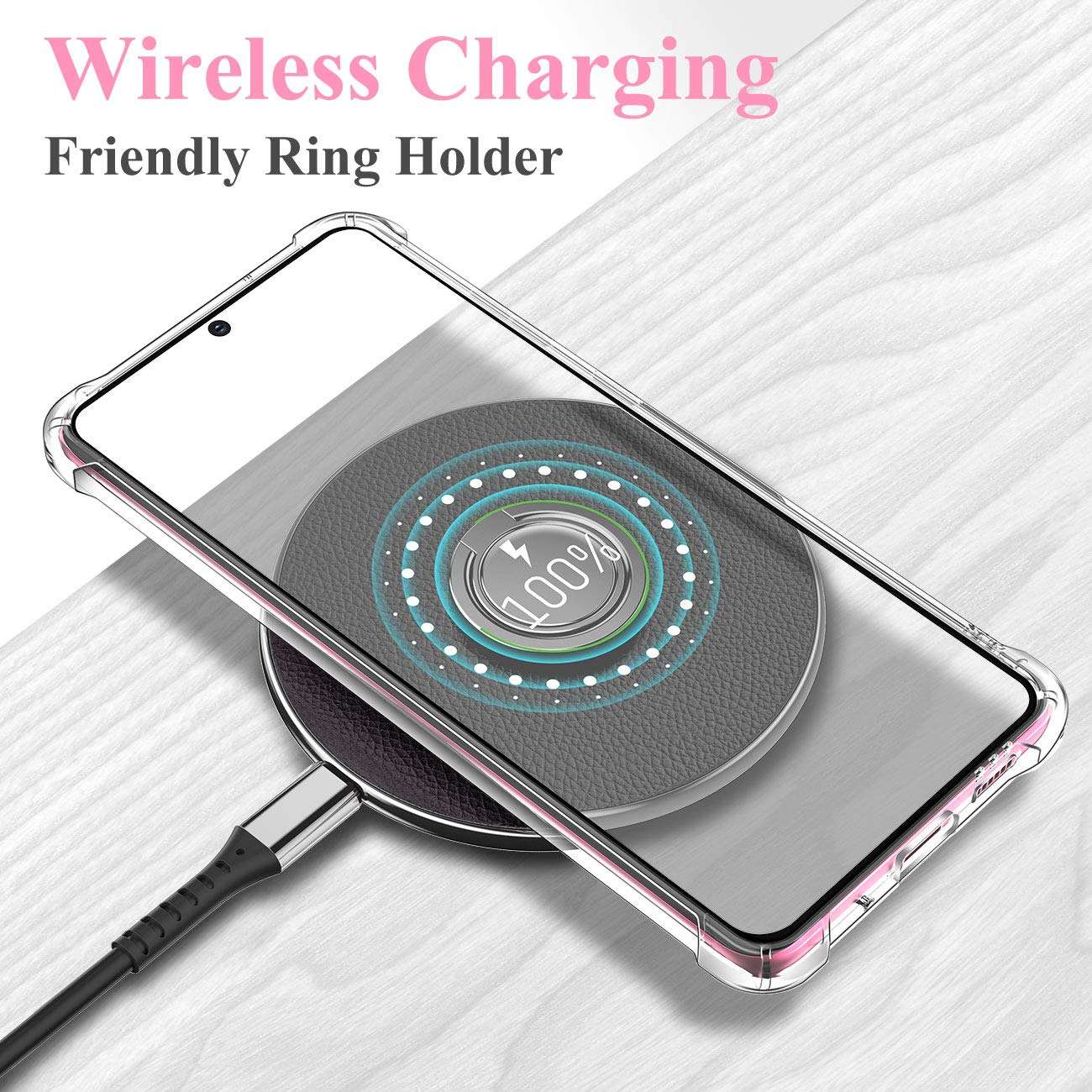 eSamcore Thin Crystal Clear Phone Case + Ceramic Wireless Charging Compatible Phone Ring Holder Cell Phone Grip S20 5G 6.2” Protective 2