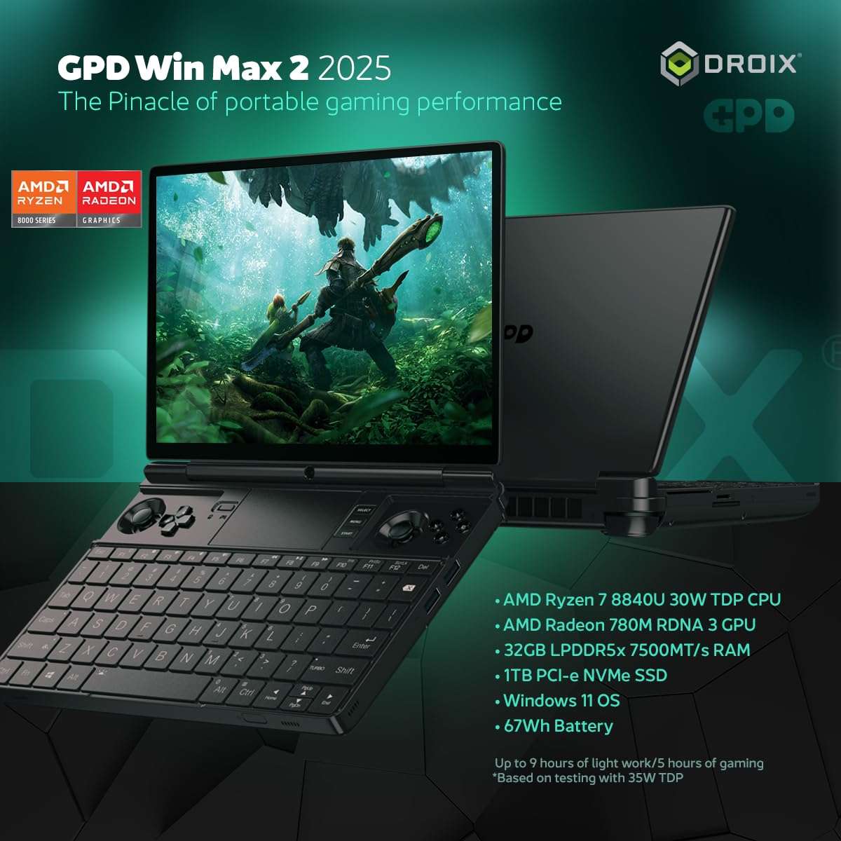 GPD Win MAX 2 2025 Handheld Gaming PC with AMD Ryzen 7 8840U, Radeon 780M GPU, 32GB RAM, 1TB SSD, OcuLink, 10.1" IPS Display, Gaming Controls, Keyboard and touchpad 3
