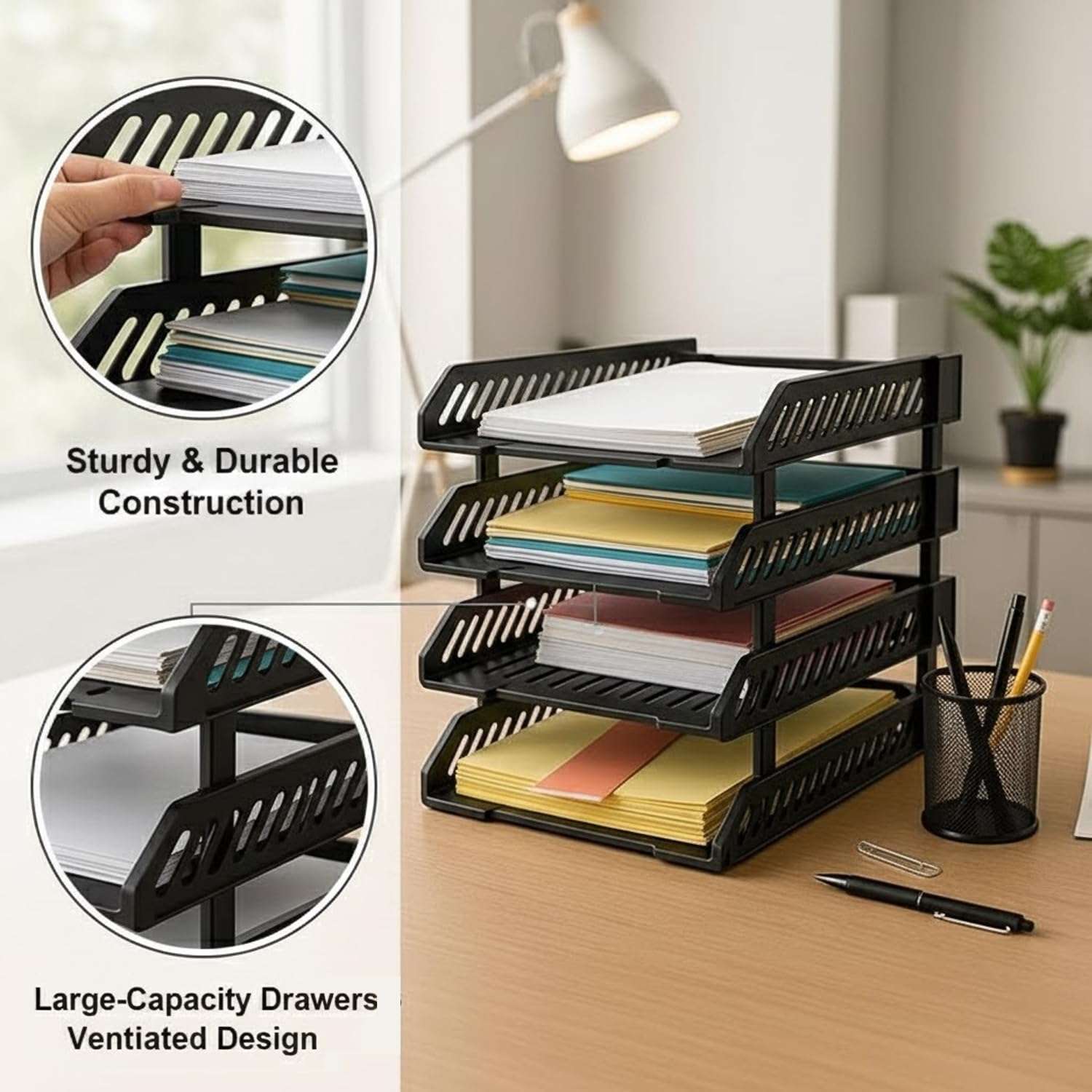 Oblivion Multifunctional Tiered Shelf Freestanding File Rack With Drawers-4-Layer Desktop Storage Organizer For Office Supplies,Adjustable For A4/Letter Size,Sturdy & Space-Saving For Home Or Office 3