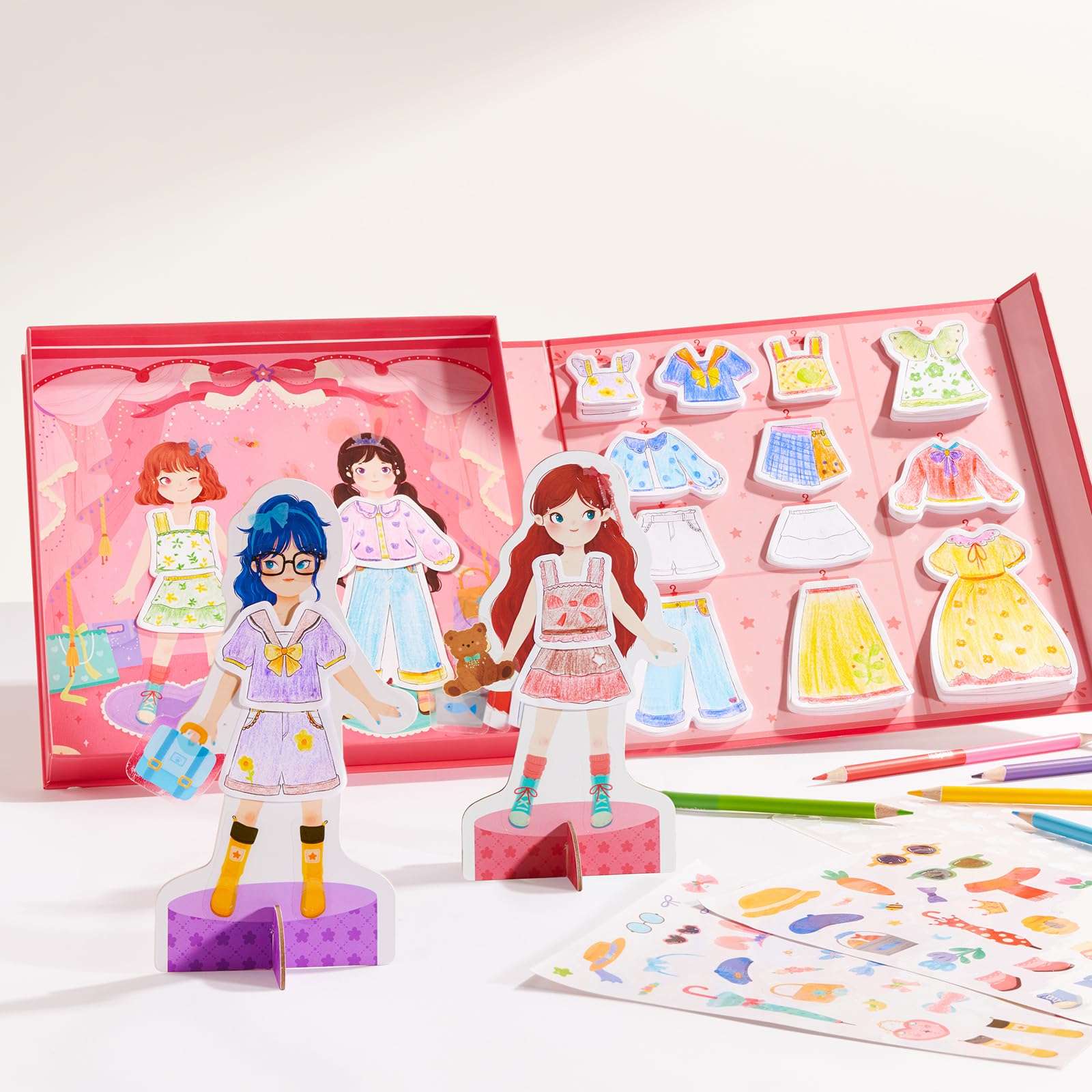 Mideer Paper Doll Kits, Reuseable Dress Up Paper Doll with Storage Box, DIY Dress Up Games for Girls Ages 4-7, Kids Fashion Design Kit with 240 Colorable Clothing Stickers and Dual Tip Colored Pencils 1