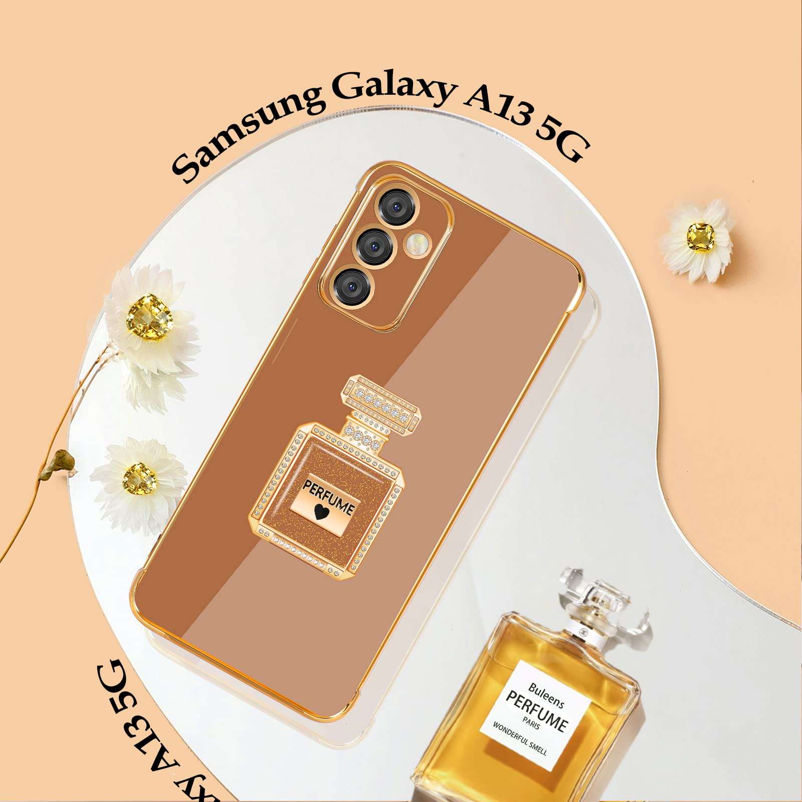 Buleens for Galaxy A13 5G Case with Metal Perfume Bottle Mirror Stand, Cute Women Girly Heart Cases for Samsung Galaxy A13 5G Case, Elegant Luxury Phone Cover for Samsung A13 5G Case 6.5'' Brown 3