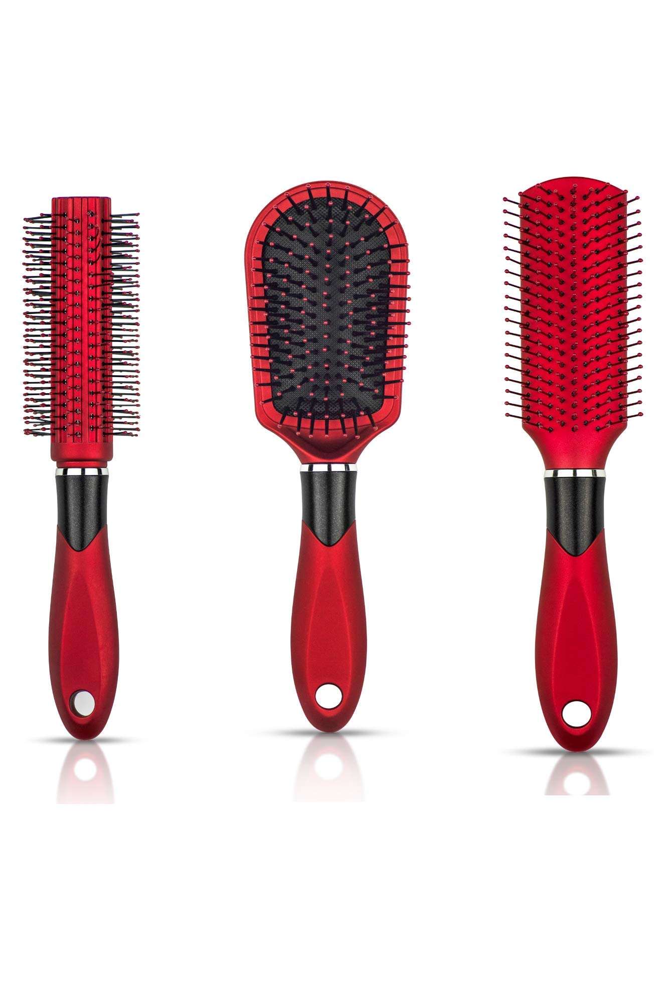 R-NEU Set of 3 Professional Hair Brushes for Blow Drying Detangling and Styling, 1 Round Roller Brush and 2 Flat Paddle Nylon Bristle Hairbrush (3 Pieces)