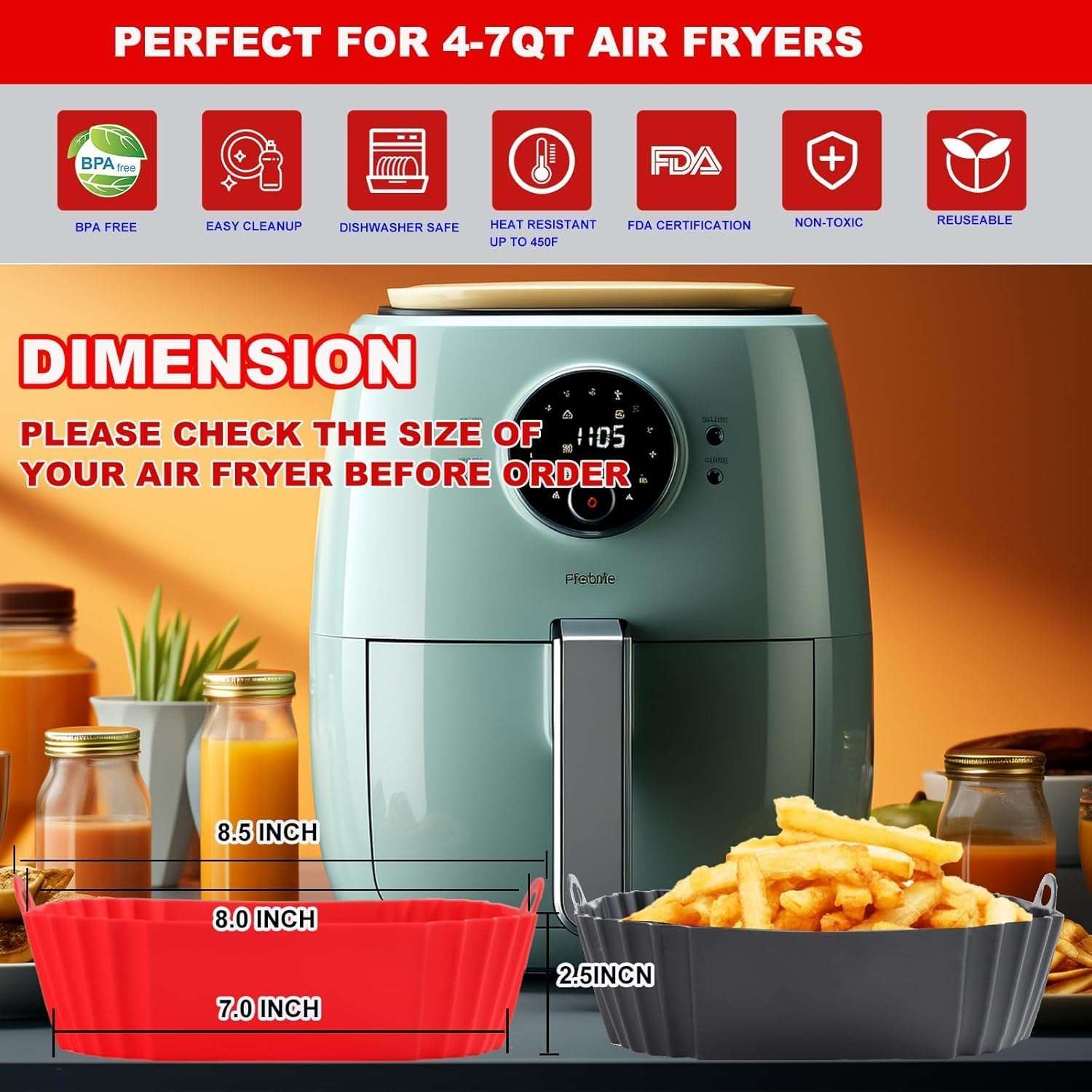 Tokumap 2 PCS Square Air Fryer Silicone Liners, 8 Inch Food Grade Reusable Heat Resistant Silicone Air Fryer Oven Microwave Accessory 3