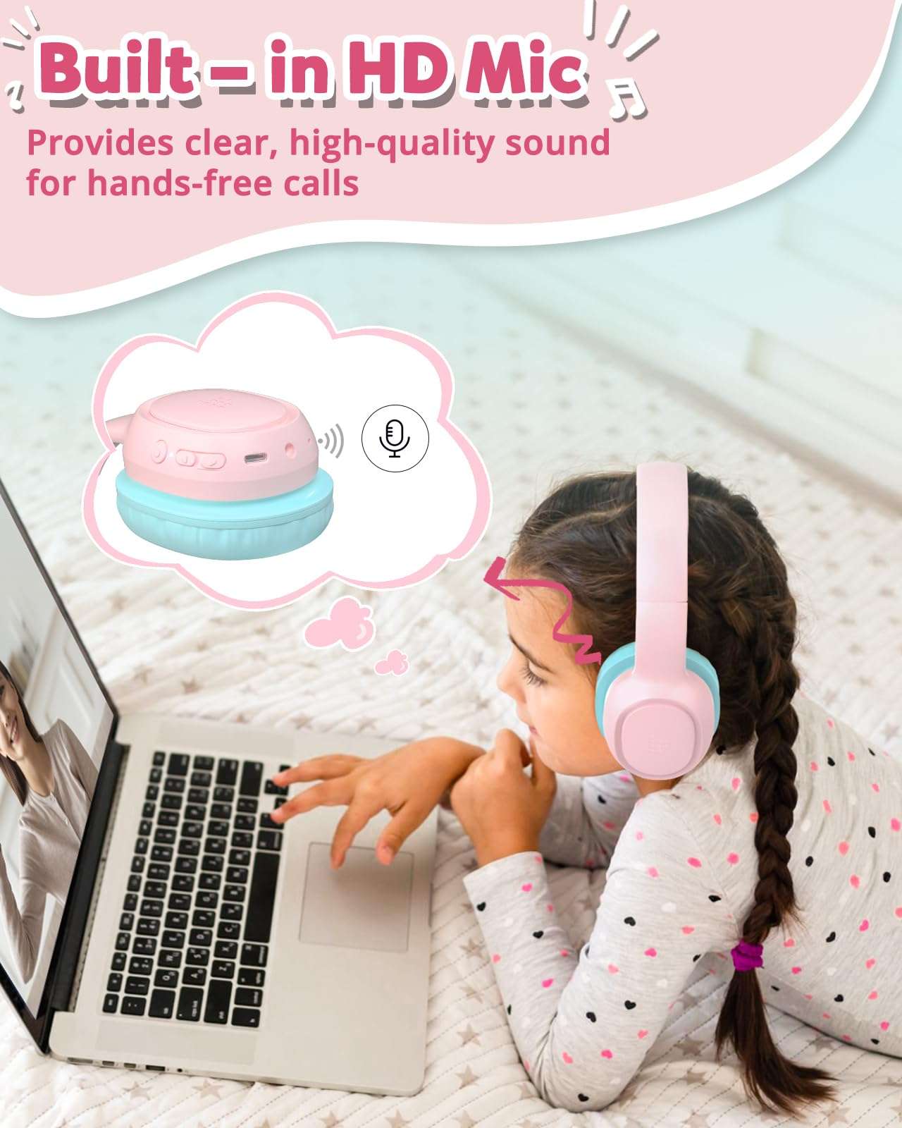 Tronsmart KH02 Kids Bluetooth Headphones Volume Limit 74/85/93dB, 45H Playtime, Bluetooth 5.3, 3.5mm Jack, Foldable, Wireless Headphones with Microphone for School/Travel/Plane (Princess Pink) 5