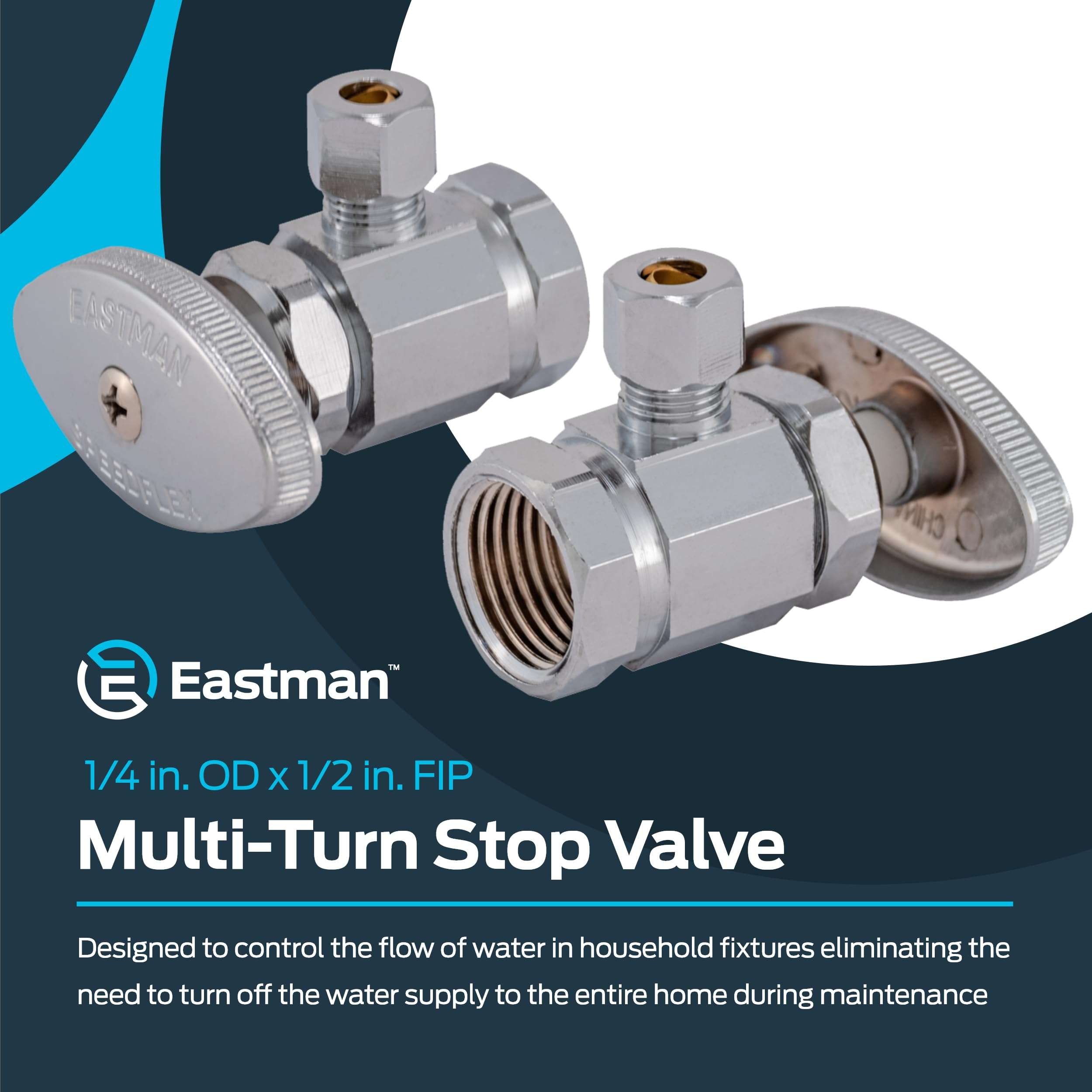 Eastman 1/4 Inch OD Compression x 1/2 Inch FIP Compression Multi-Turn Angle Stop Valve, Brass Plumbing Fitting, Chrome, 04129LF 2