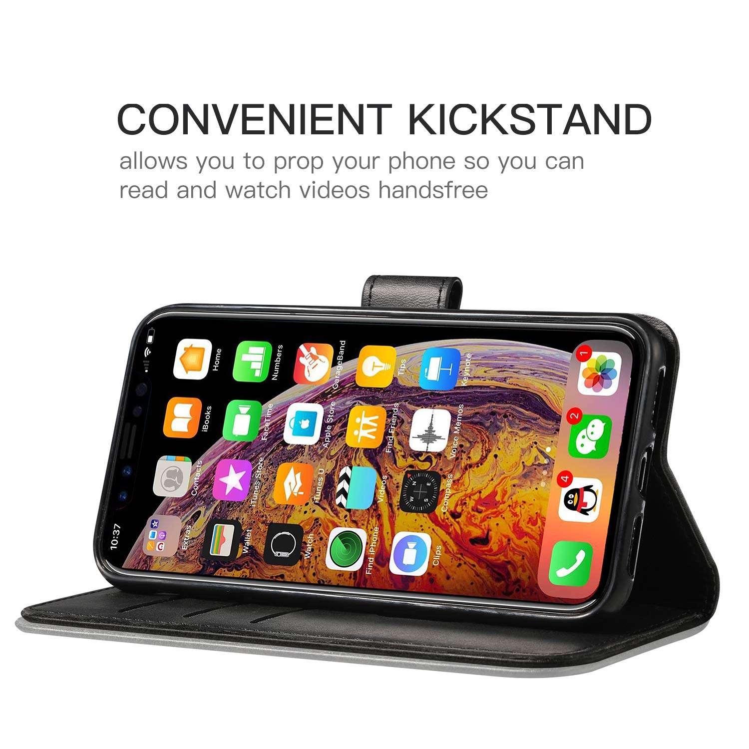 Yonader Apple iPhoneX/Xs Leather Case,Leather Wallet Case [Kickstand] [Card Slots] [Magnetic Closure] Flip Notebook Cover Case for Genuine Apple iPhone X/Xs (Black) 3